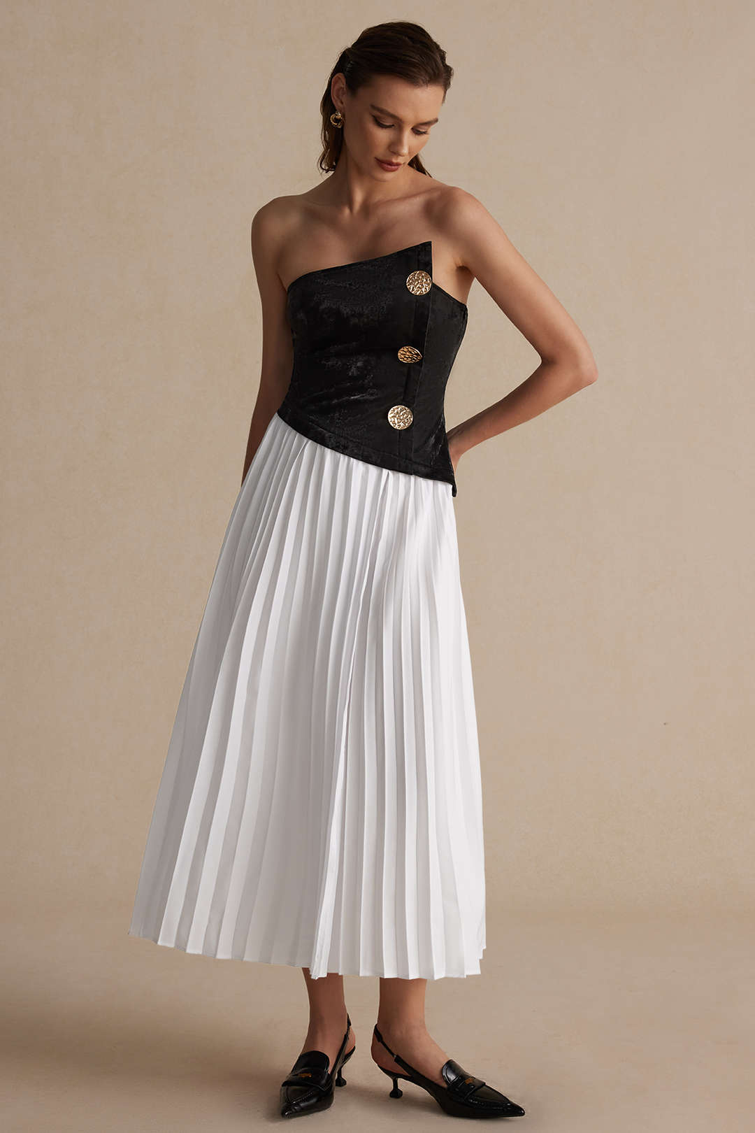 Solid Patchwork Pleated Asymmetrical Maxi Dress