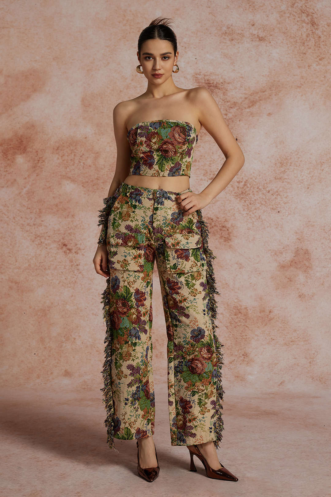 Floral Print Fringe Tie Back Tube Top And Button Pocket Trouser Set