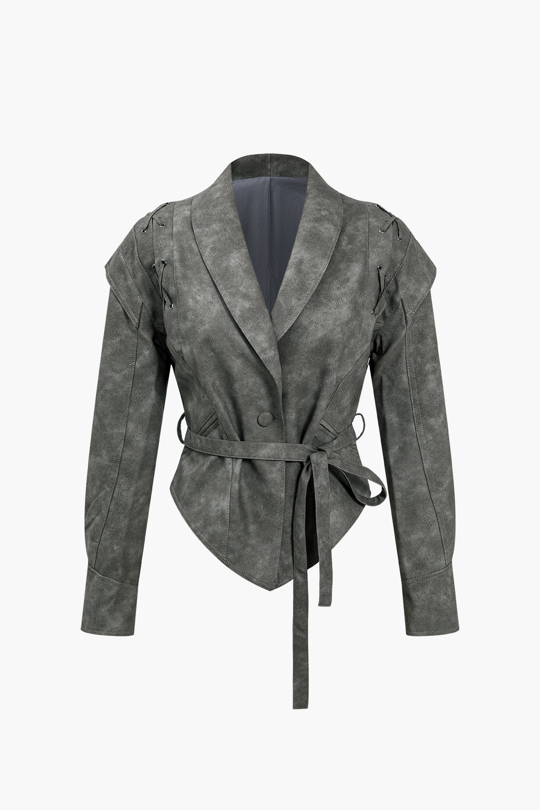 Faux Leather Tie Front Crossed Button Jacket