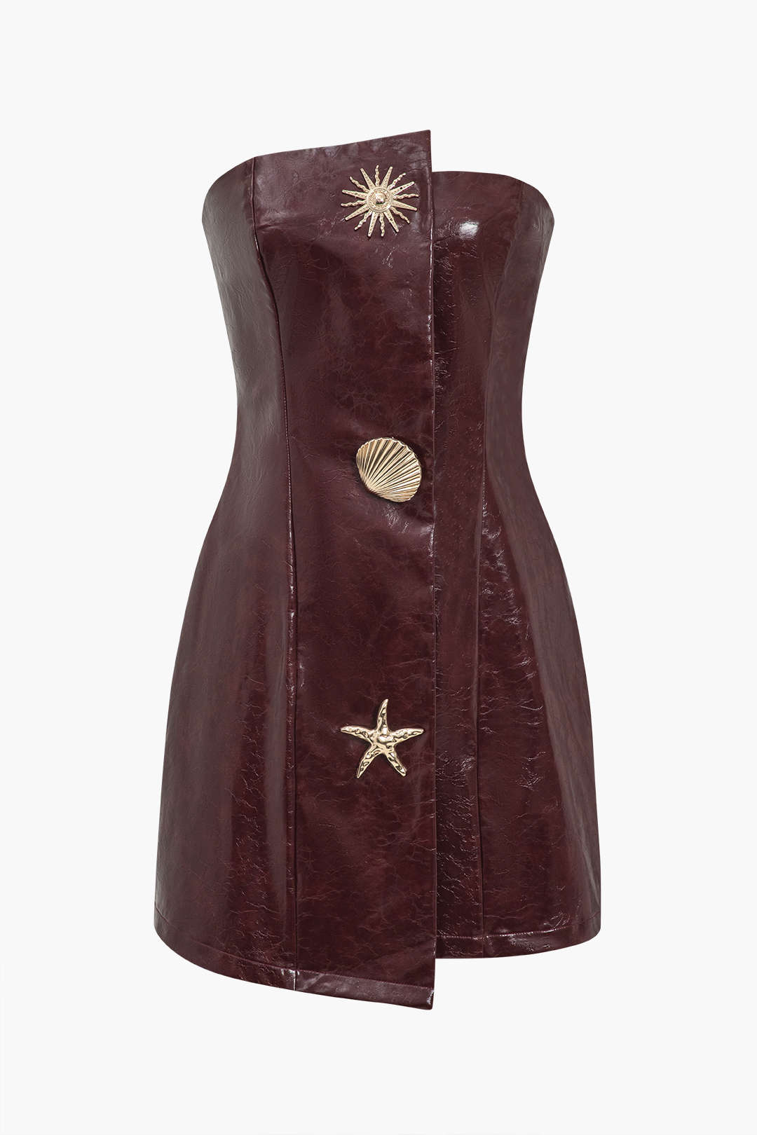 Faux Leather Strapless Mini Dress With Shell Embellishments