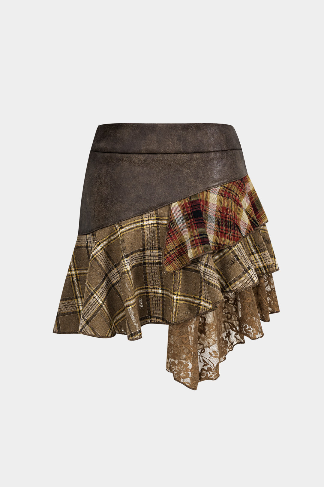 Plaid Print Faux Leather Lace Metallica Patchwork Skirt