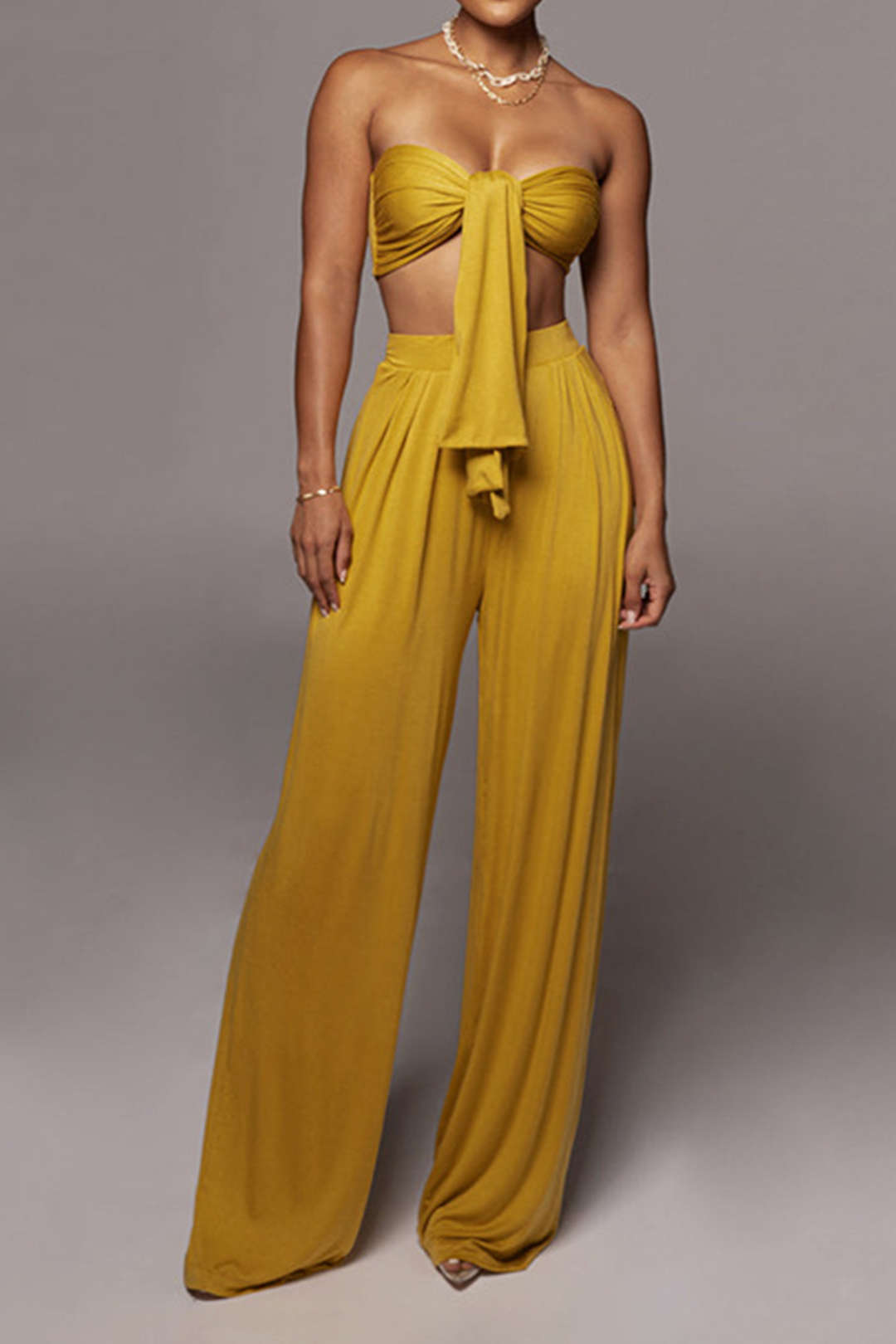 Tie Knot Front Ruched Tube Top And Pleated Wide Leg Pants