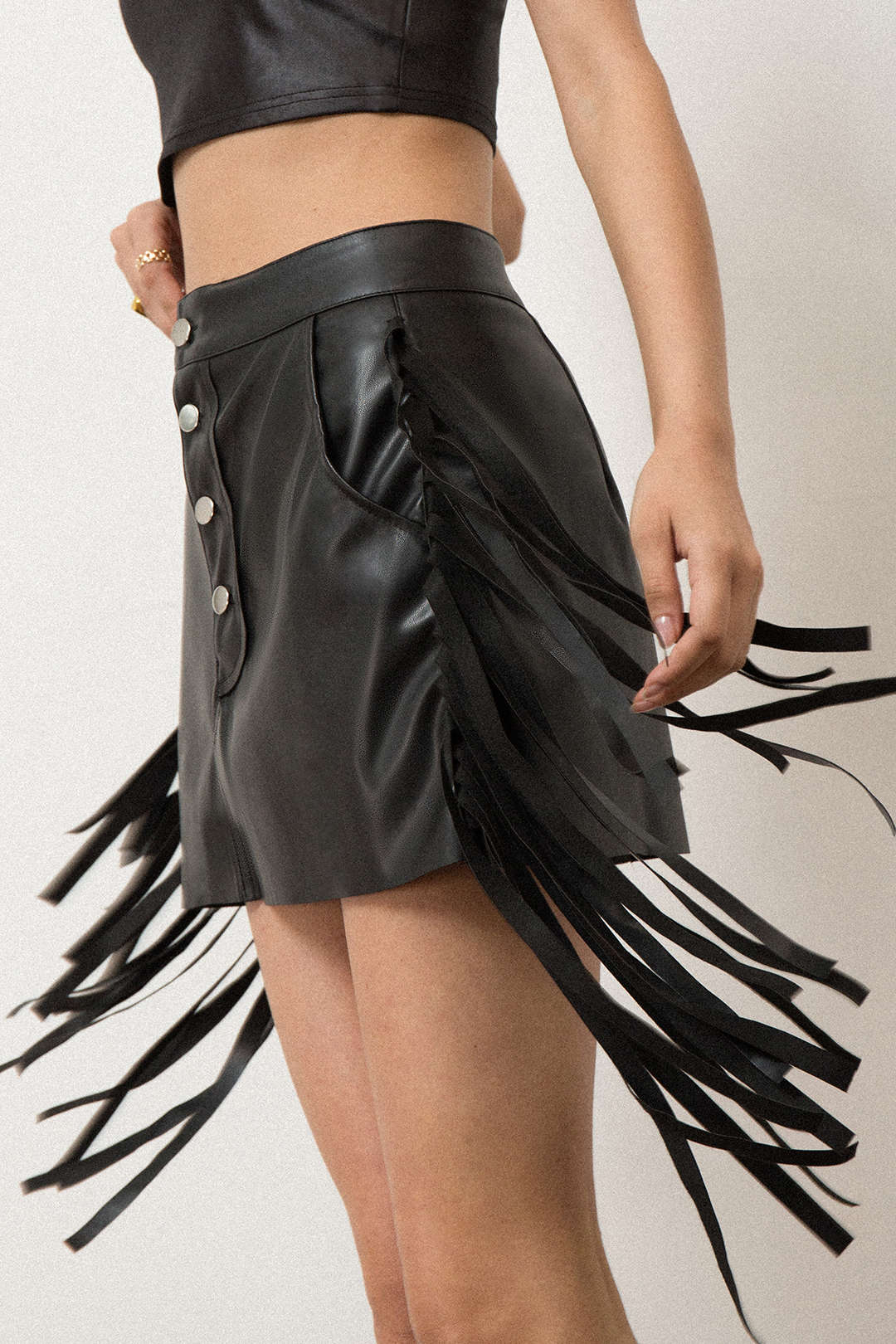 Faux Leather Button Fringe Trim Mini Skirt