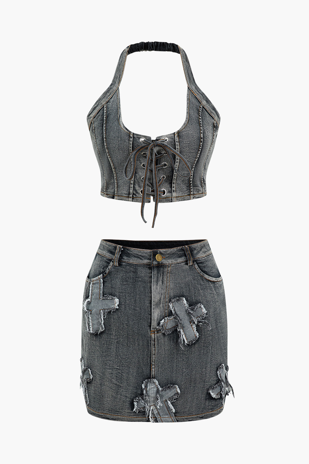 Denim Tie Up Halter And Mini Skirt Set