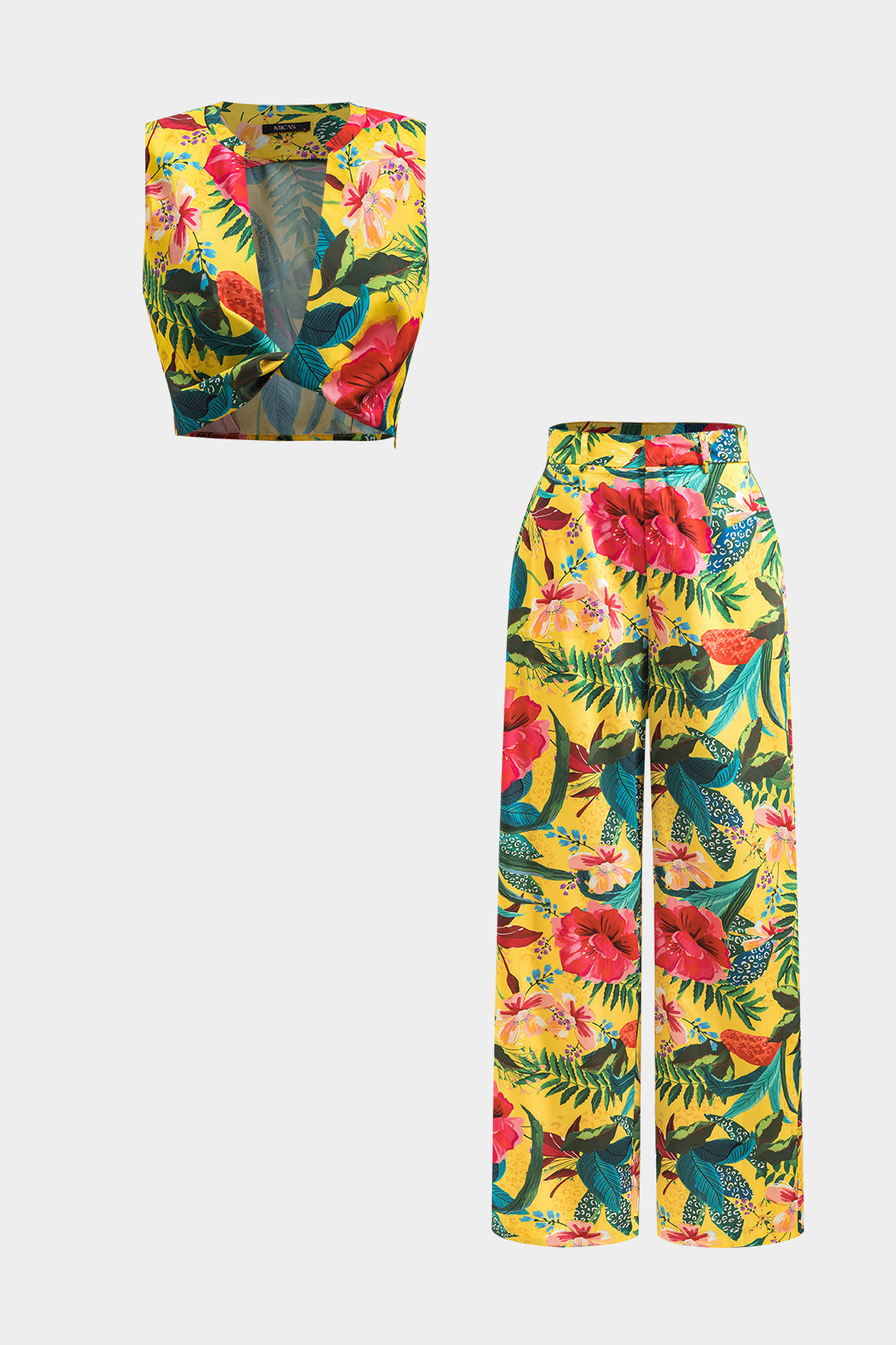 Floral Leaves Print Ruched Twist Knot Tank Top And Pocket Wide Leg Trousers Set