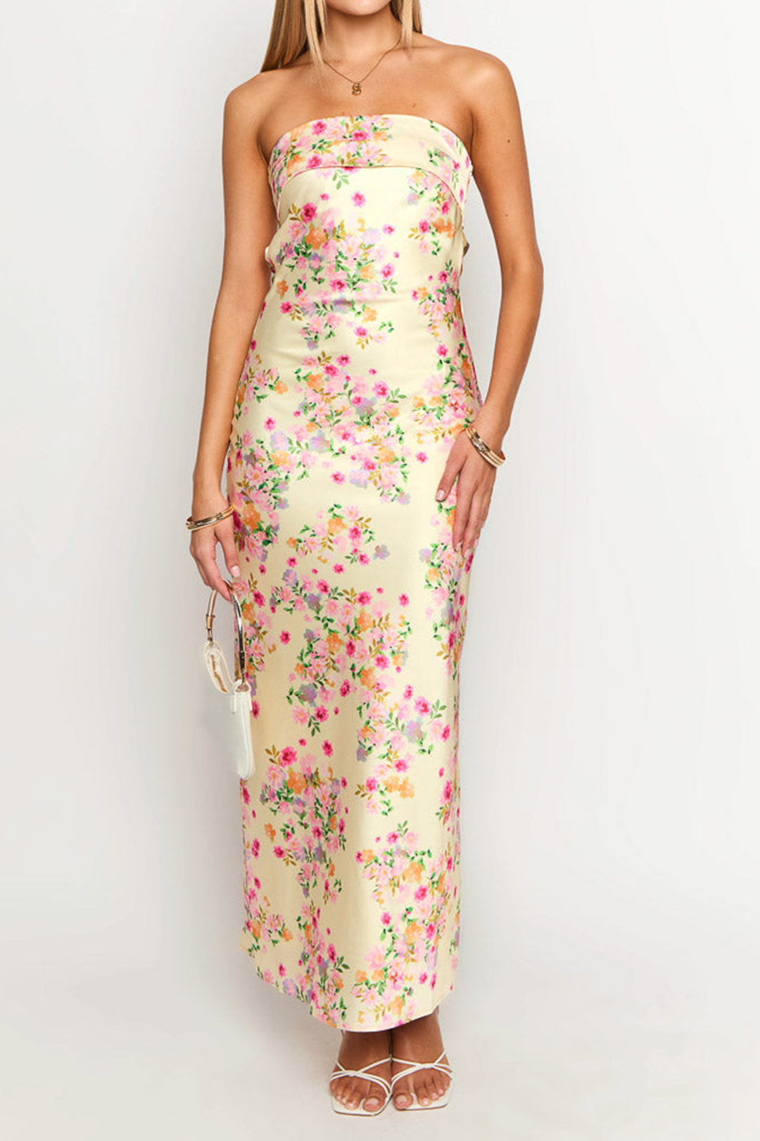 Floral Print Satin Backless Strapless Midi Dress