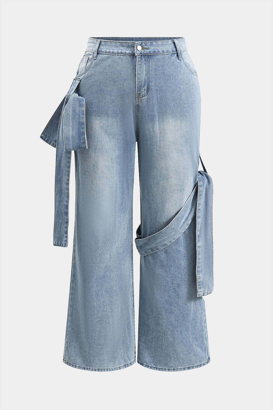 Plus Size Denim Bow Knotted Button Pocket Wide Leg Jeans