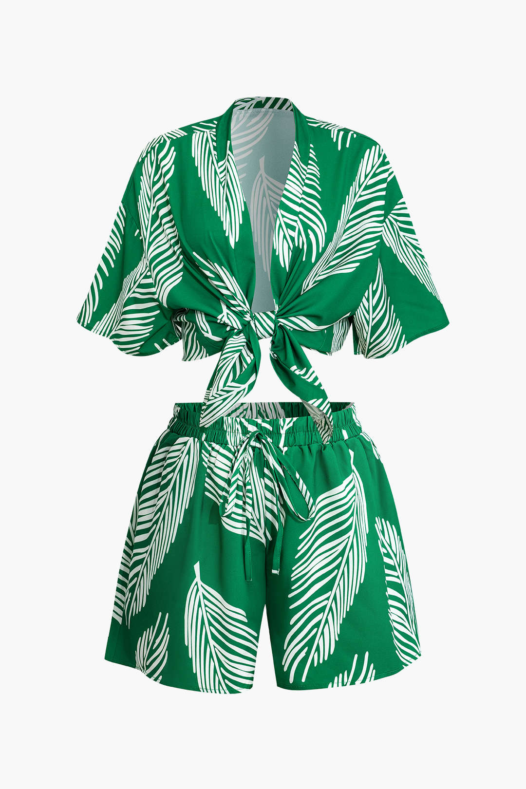 Leaf Print Drawstring Shorts Set