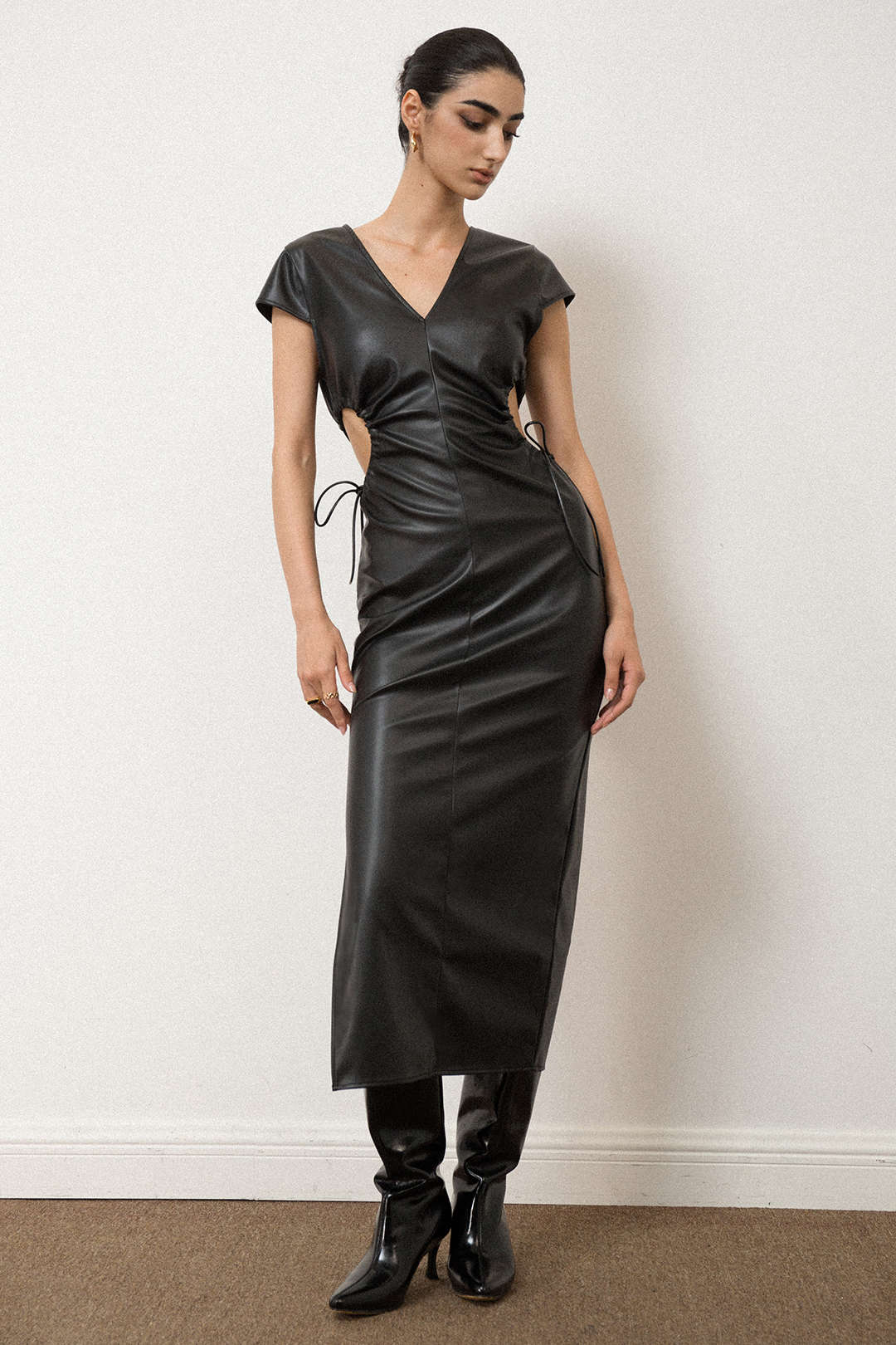 V-neck Faux Leather Cut Out Drawstring Midi Dress