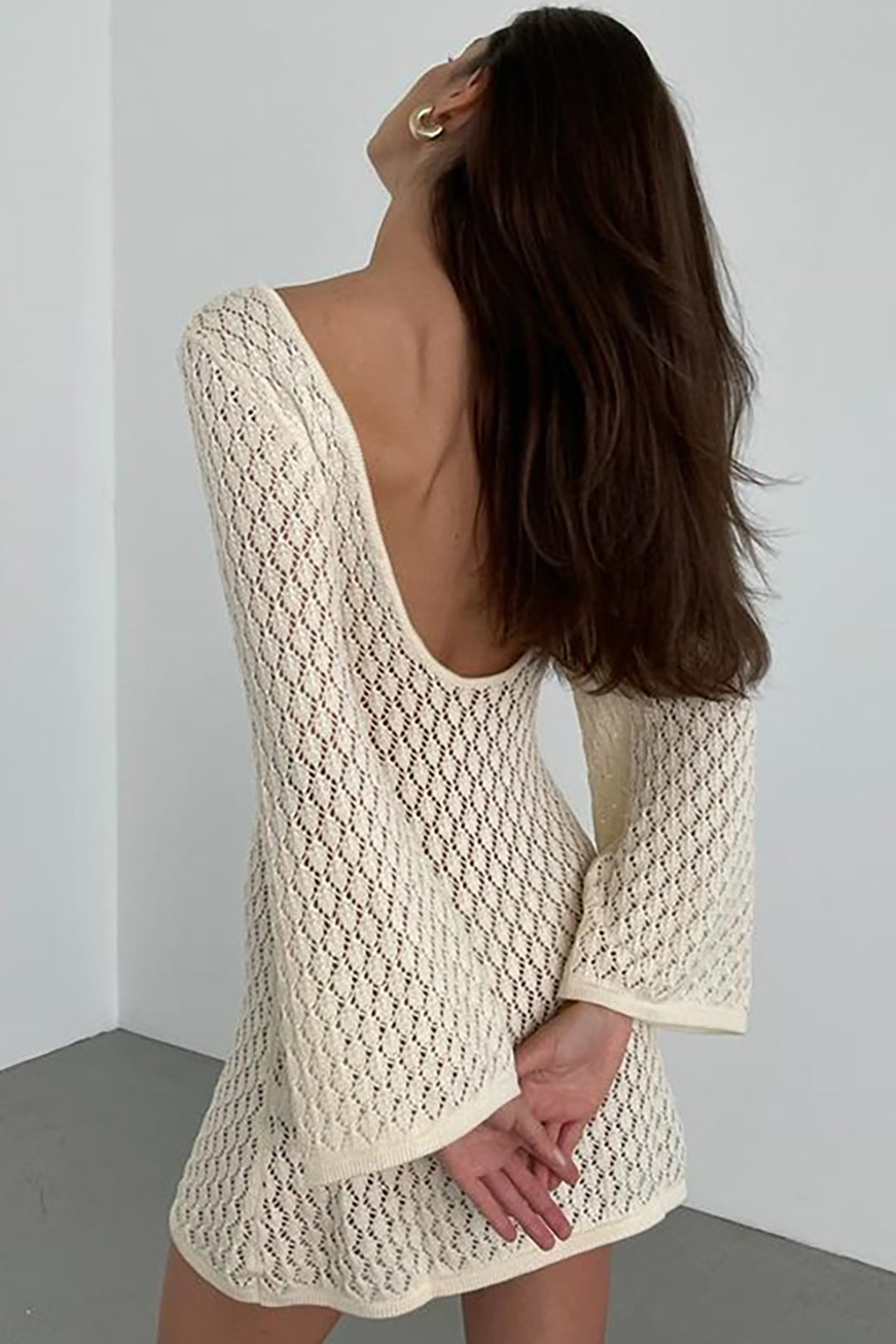 Knitted Cut Out Backless Long Sleeve Mini Dress