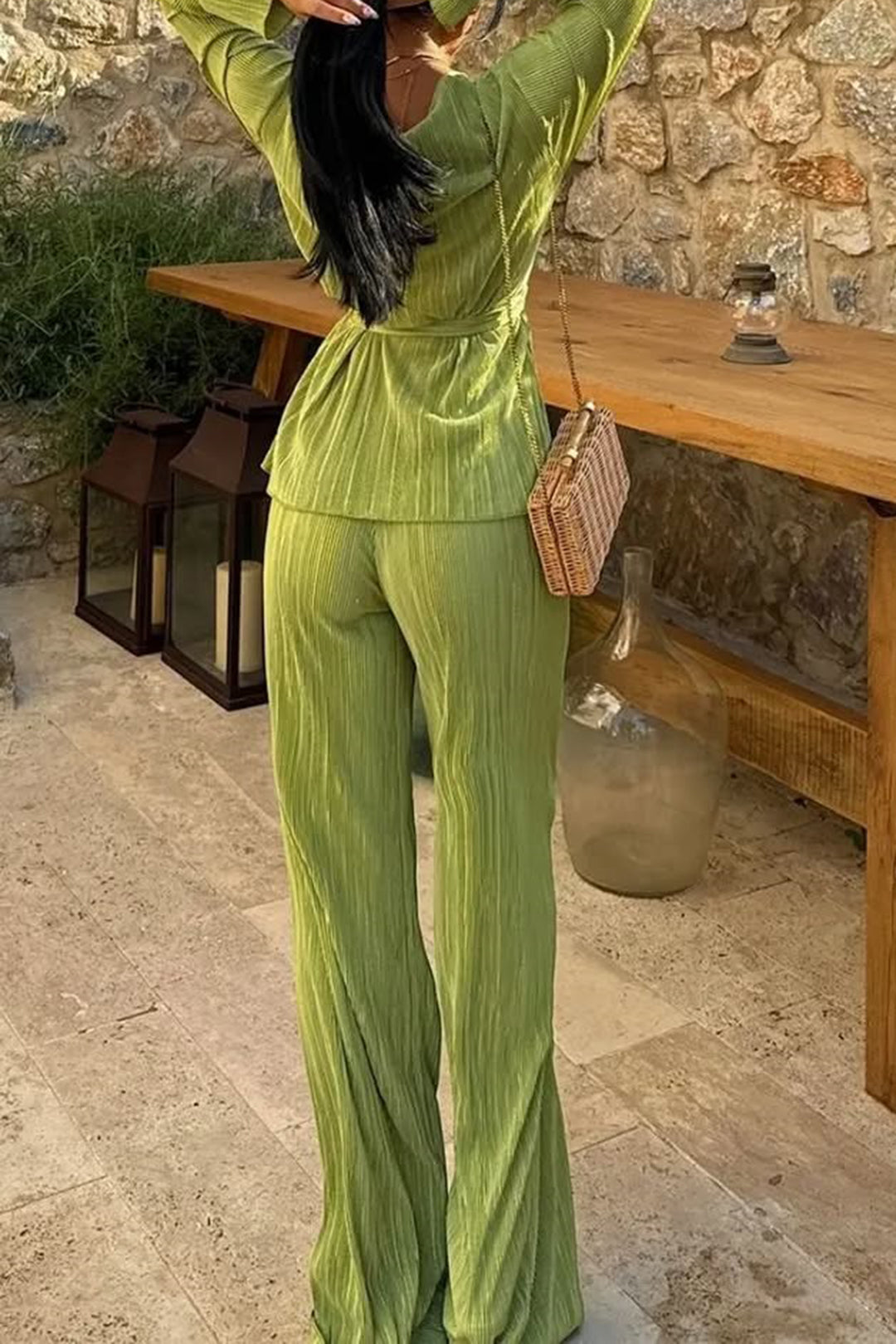 Pleated Tie Front Long Sleeve Top And Wide Leg Trousers Set