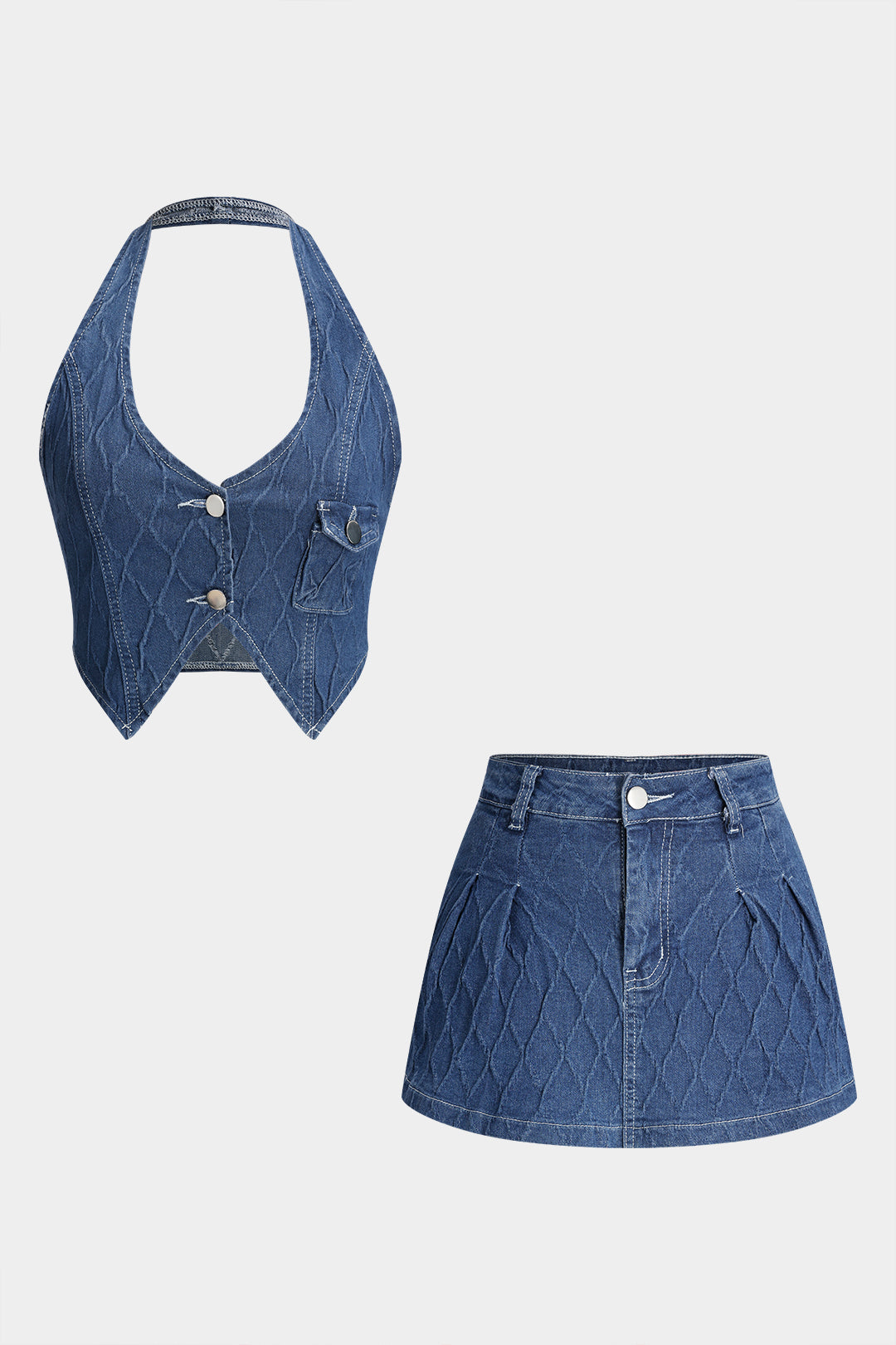 Denim Diamond Textured Button Pocket Backless Top And Pleated Skort Set