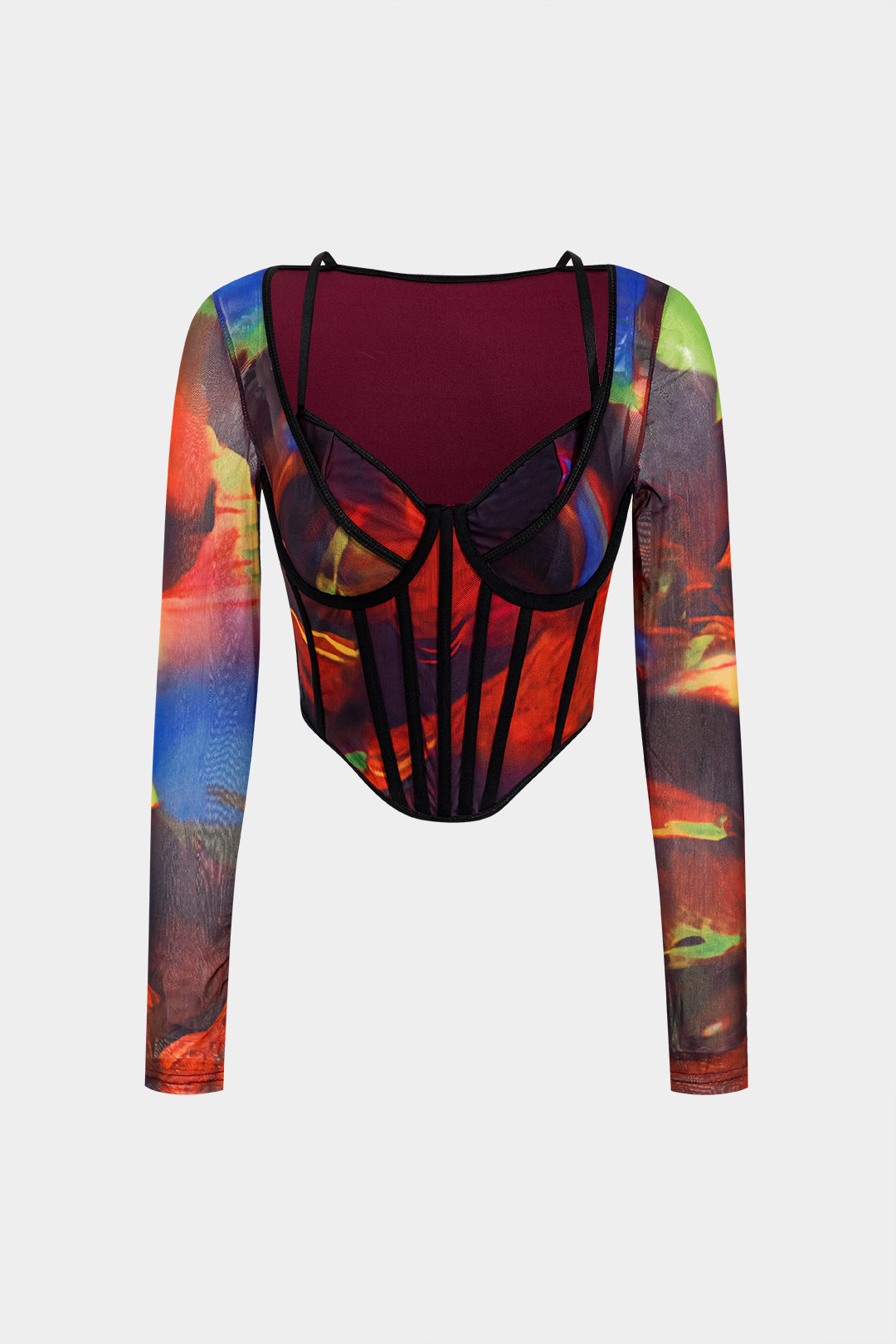 Abstract Print Mesh Patchwork Corset Long-Sleeve Top