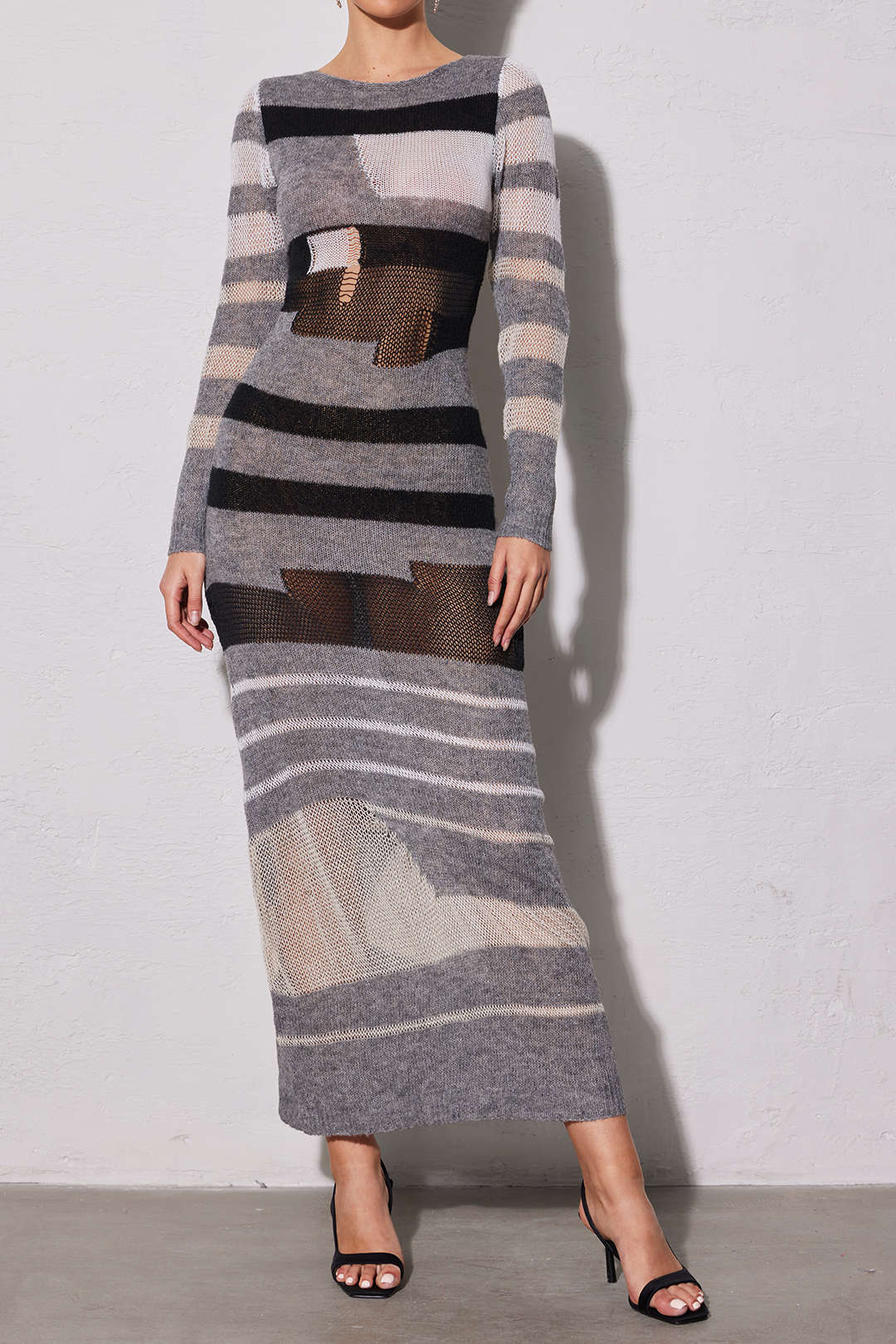 Contrast Long Sleeve Round Neck Open Knit Maxi Dress