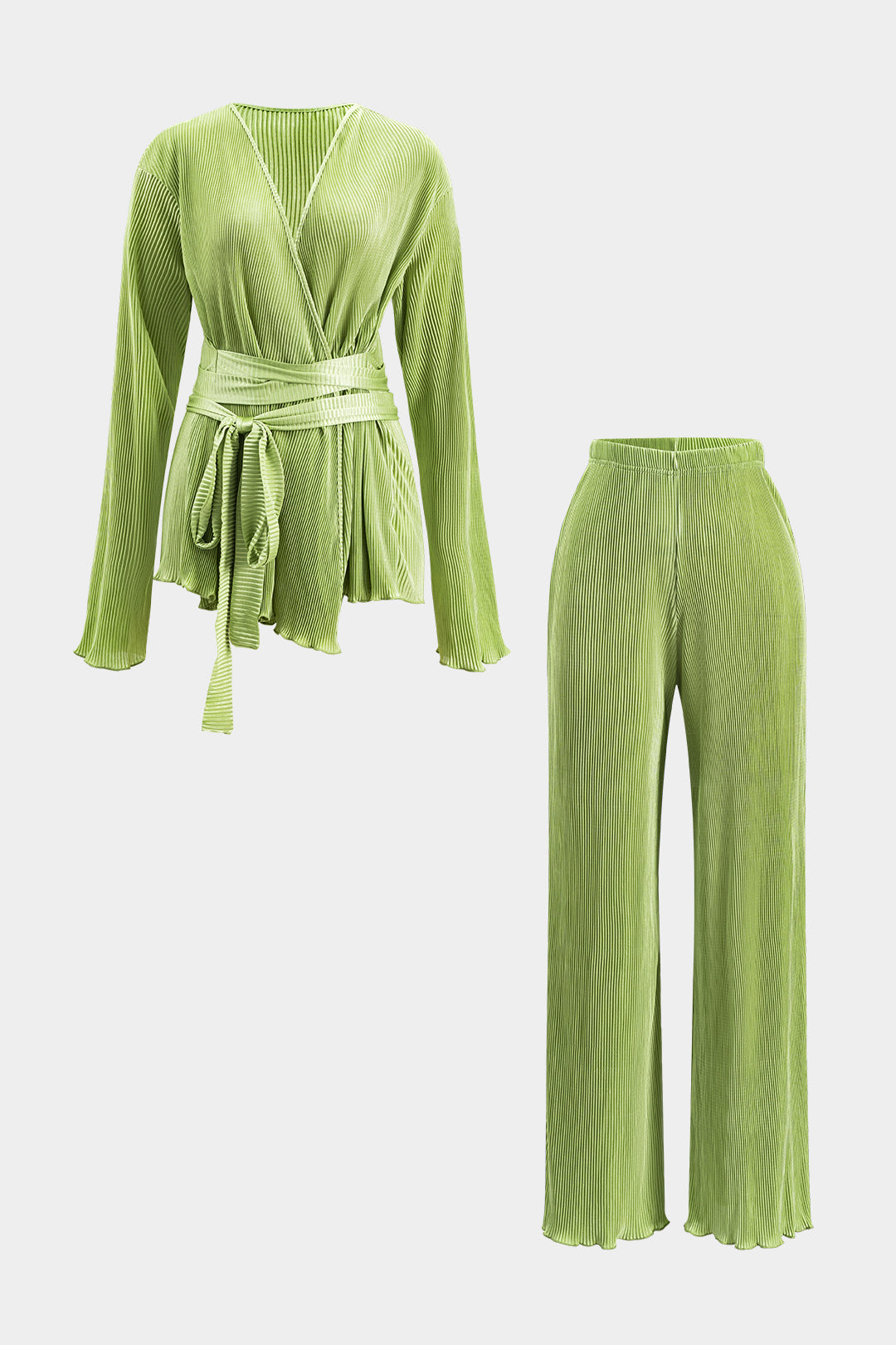 Pleated Tie Front Long Sleeve Top And Wide Leg Trousers Set