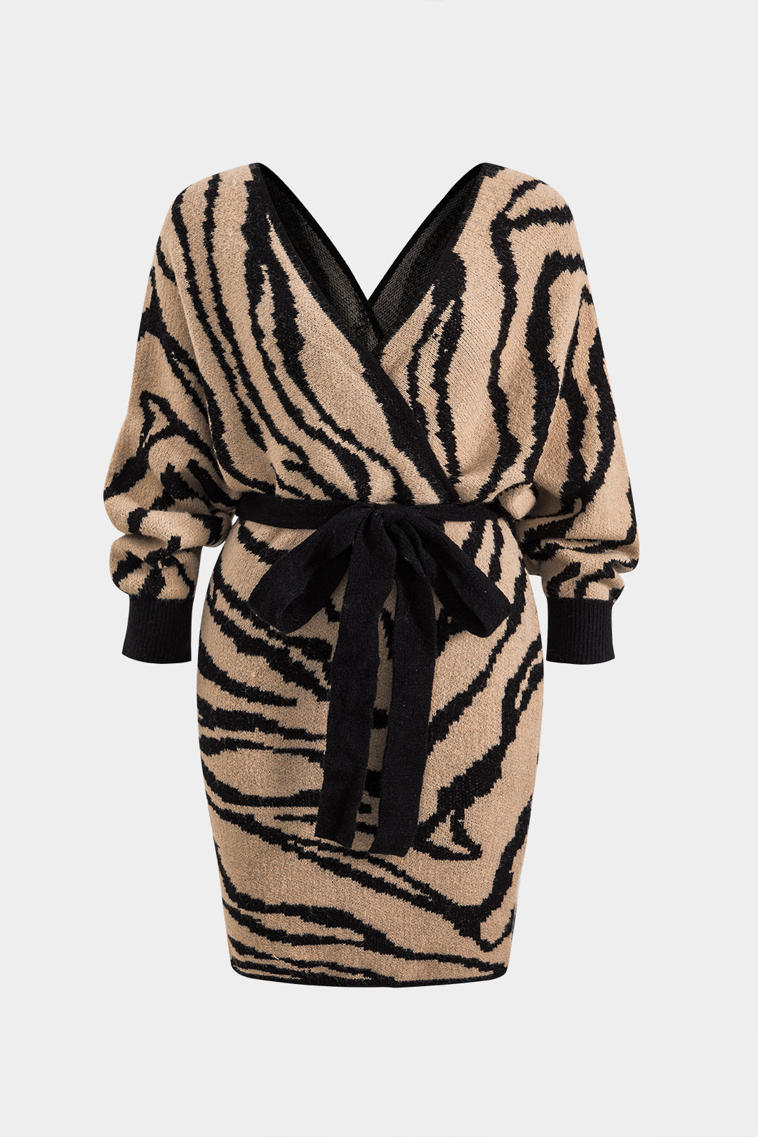 Plus Size Zebra Stripe Print Knit Tie-Up Crossed Long Sleeve Dress