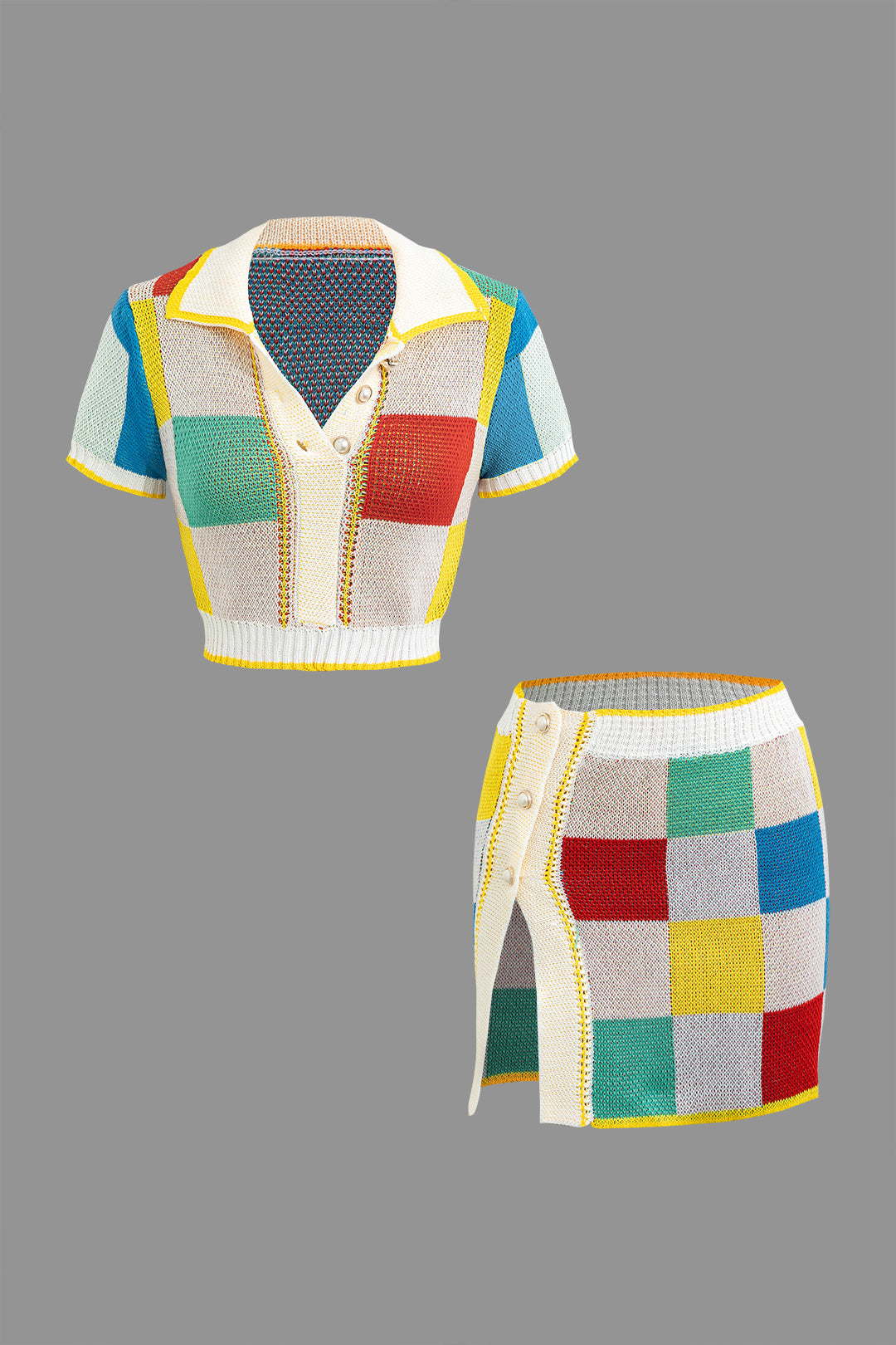 Color Block Knit Top and Split Mini Skirt Set