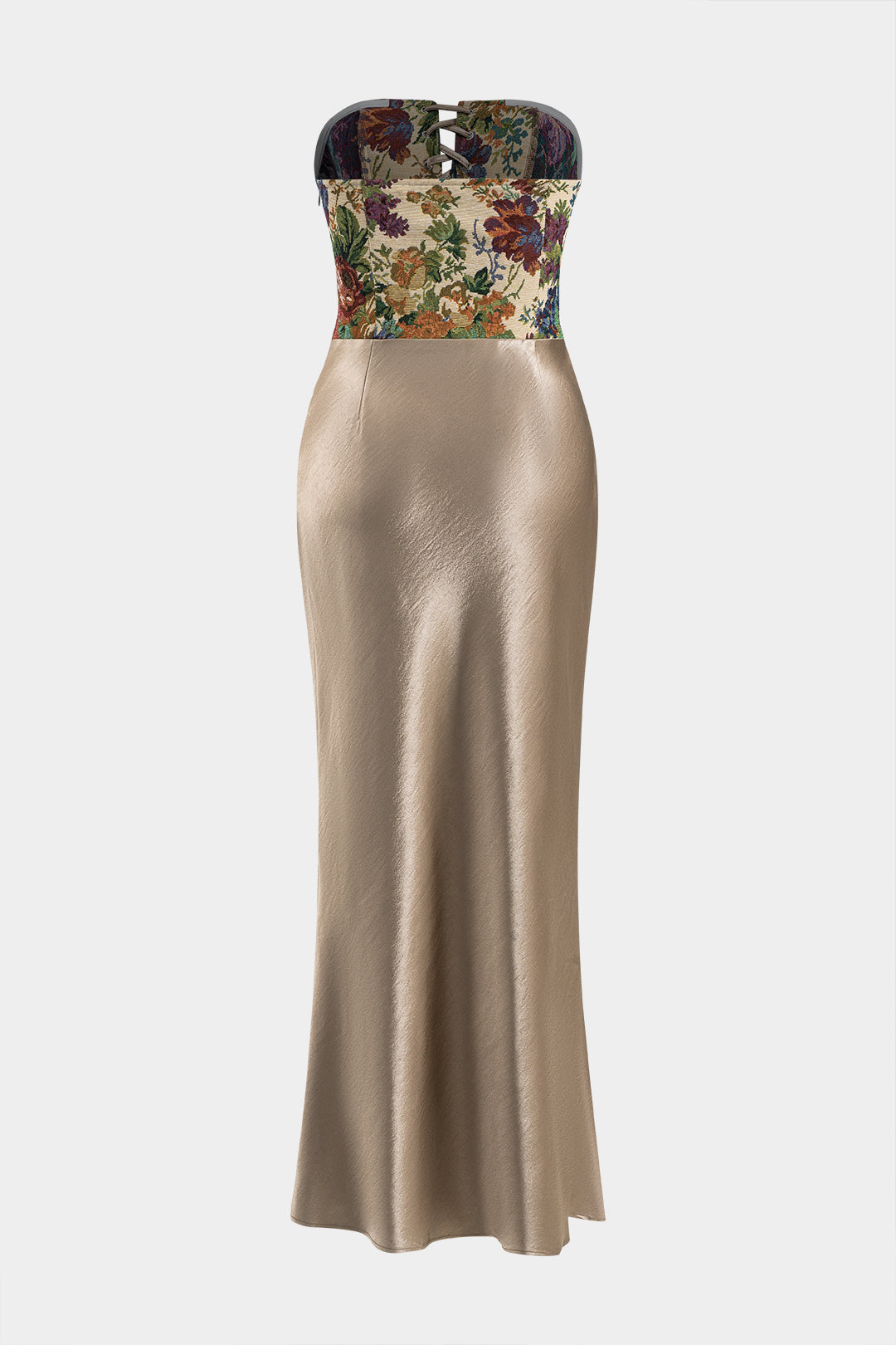 Satin Embroidery Ruched Drawstring Strapless Maxi Dress