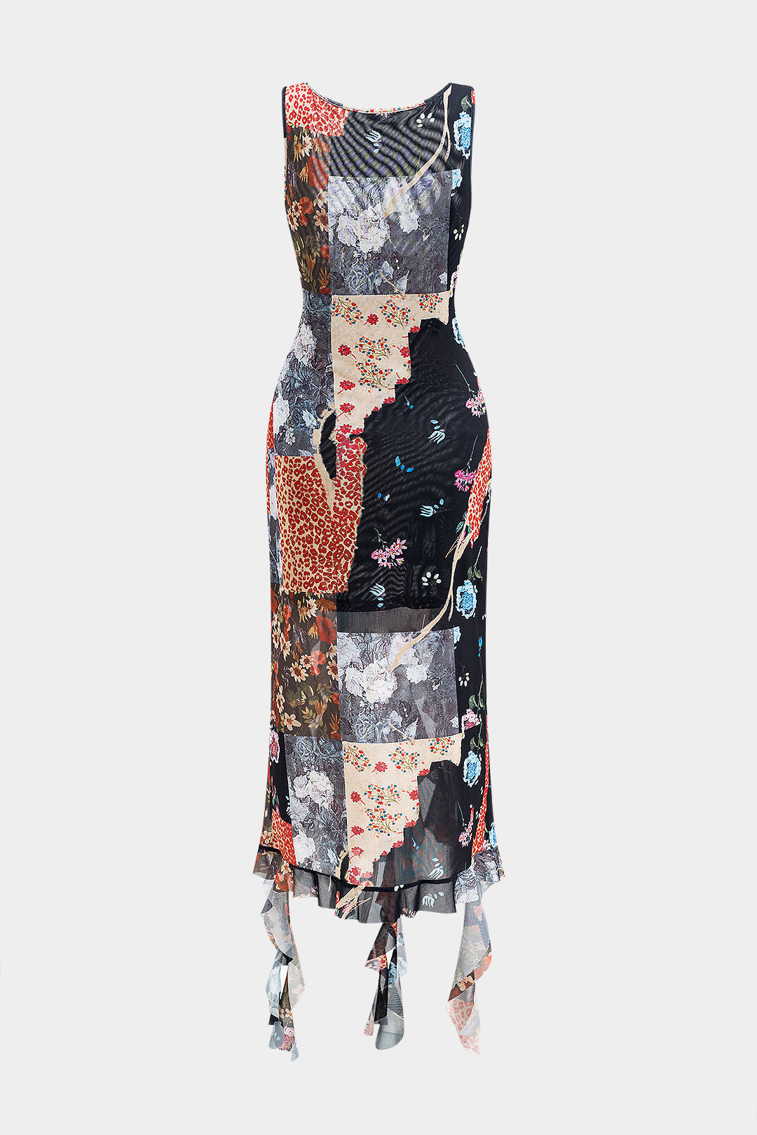 Floral Print Mesh Ruffle Sleeveless Maxi Dress