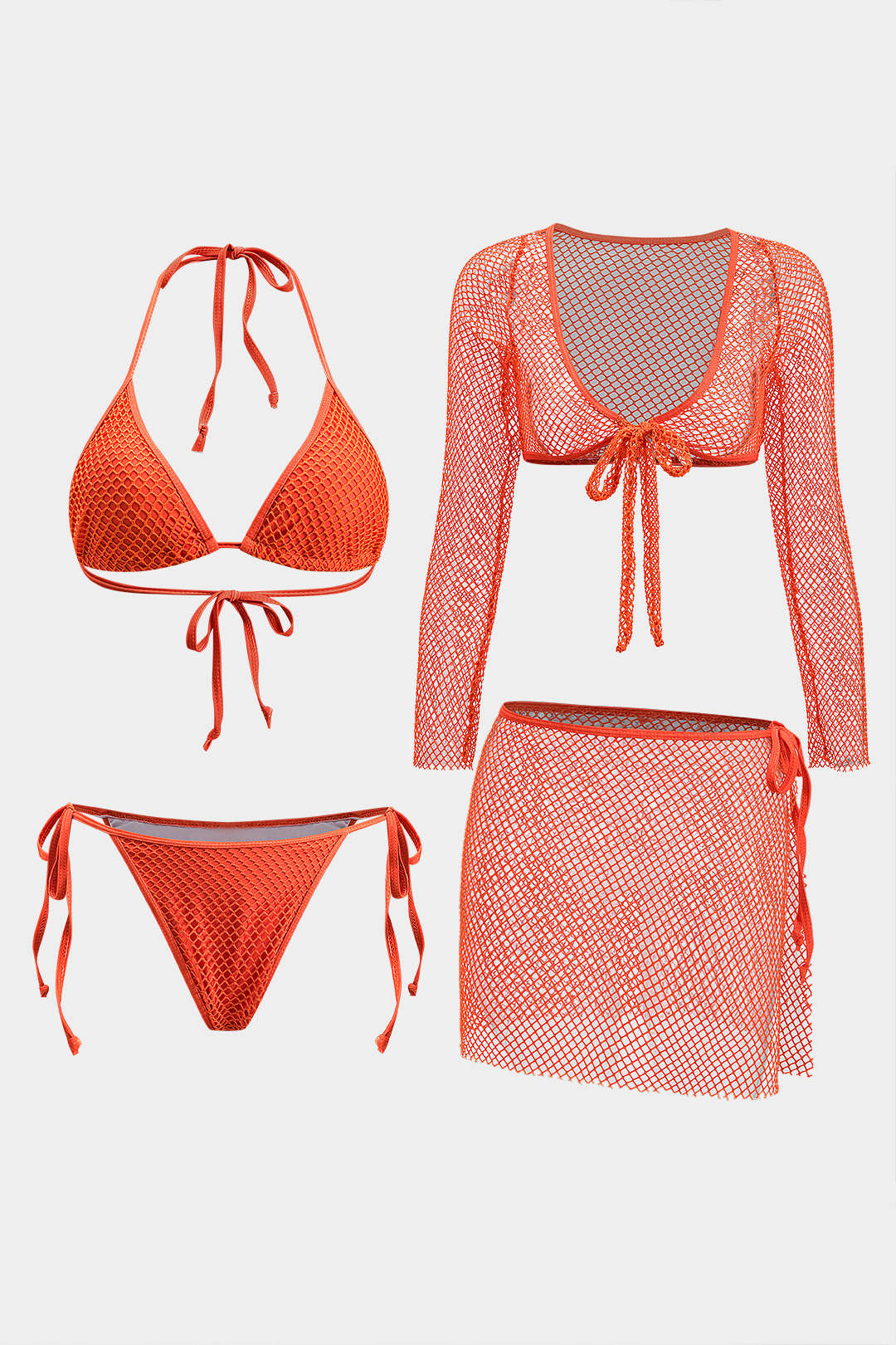 Mesh Tie-Up Bikini And Tie Knot Cover Up 4-Piece Set