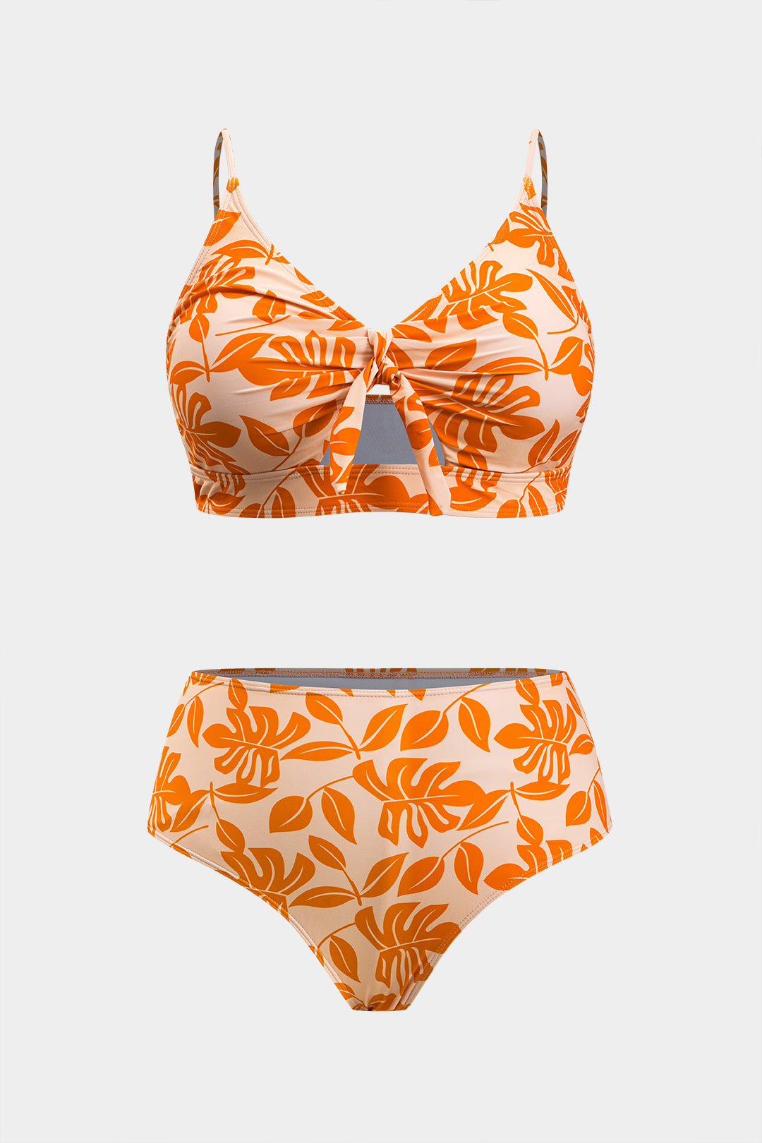 Plus Size Leaves Print Tie Front Bikini Set