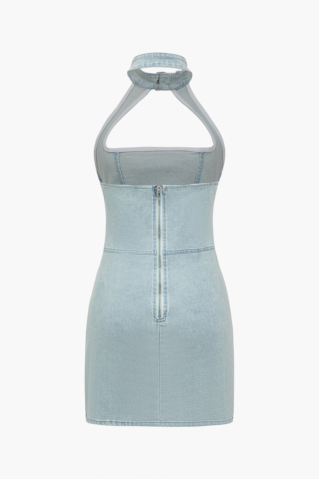 Solid Cut Out Zipper Halter Denim Dress