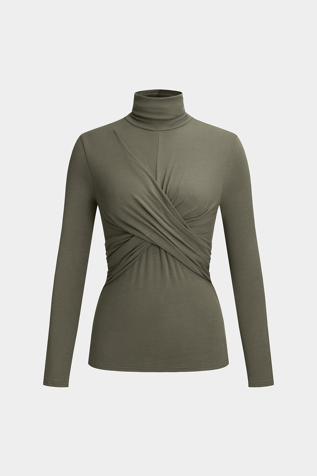 Ruched Crossed Mock Neck Long-Sleeve Top