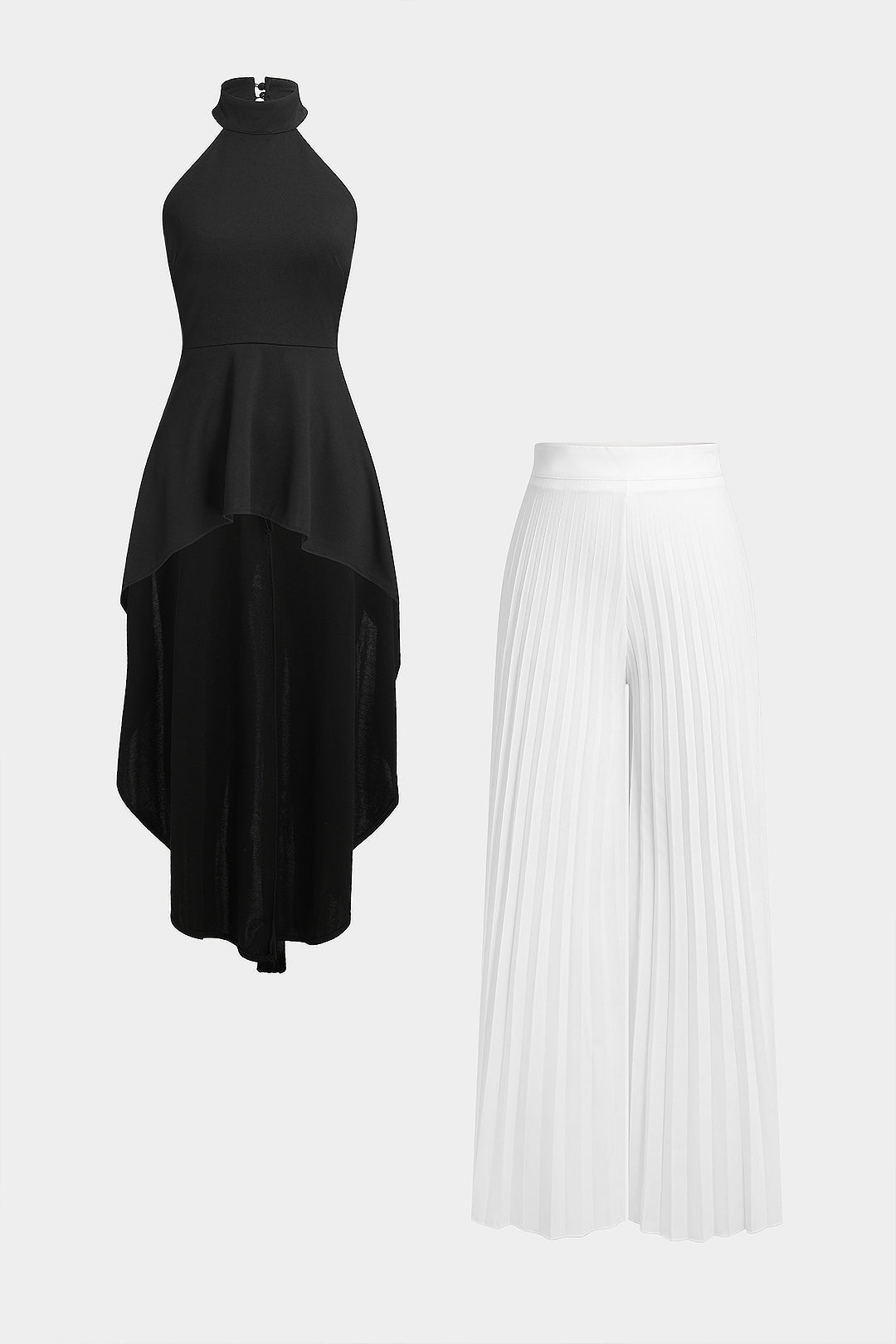 Zipper Backless Top And Pleated Wide Leg Trousers Set