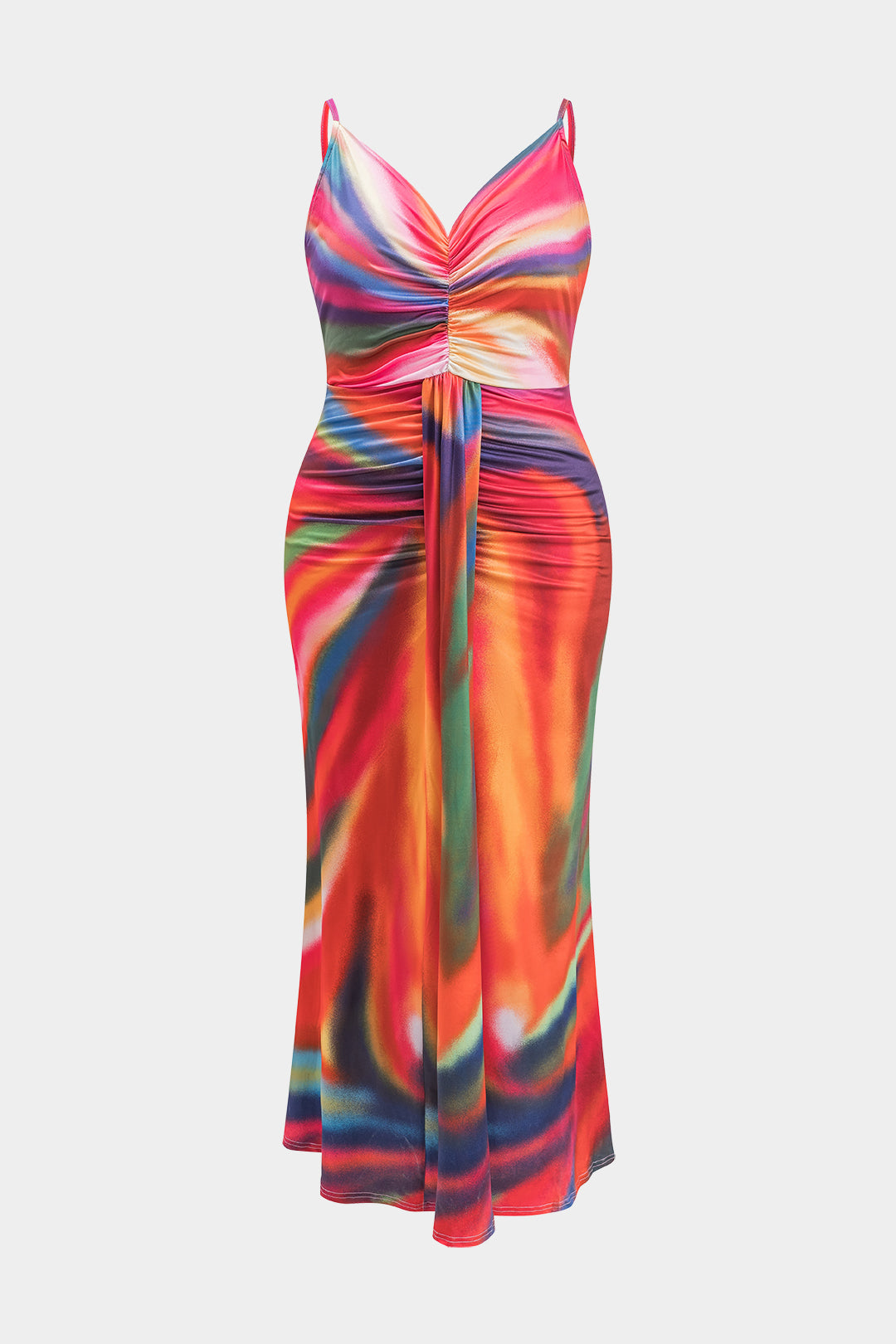 Plus Size Tie Dye Print Ruched Slip Maxi Dress