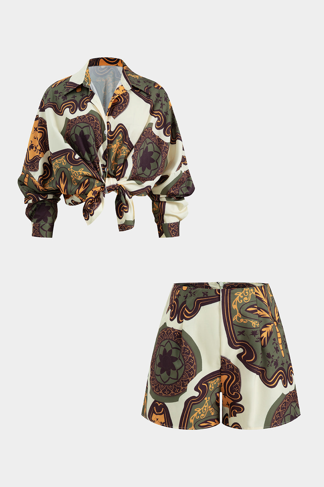 Abstract Print Button Long Sleeve Shirt And Zipper Shorts Set