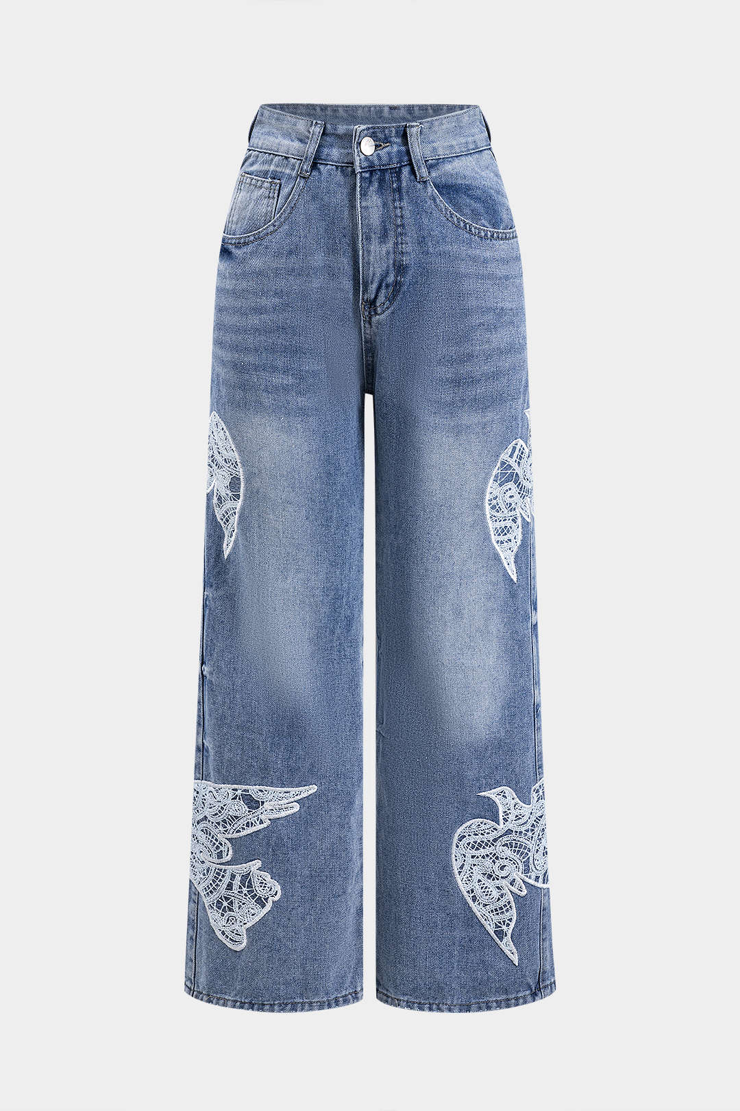 Denim Embroidery Patchwork Button Pocket Wide Leg Jeans