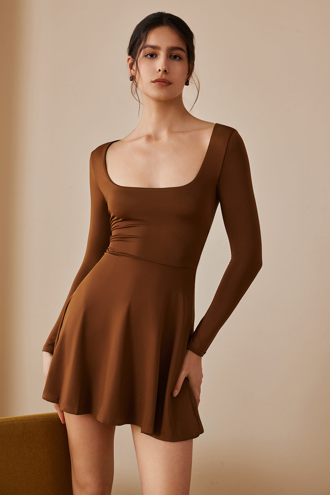 Basic Solid Long Sleeves U-Neck A-Line Mini Dress