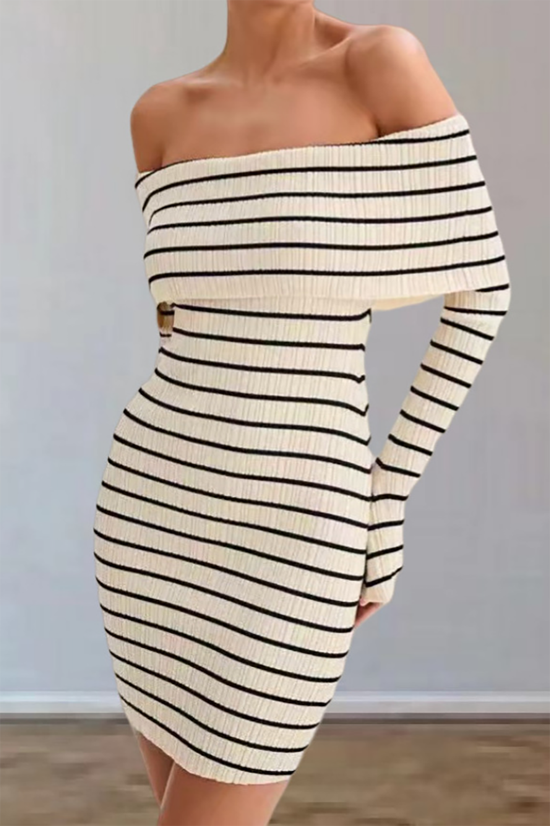 Stripe Print Knit Wrap Off Shoulder Dress