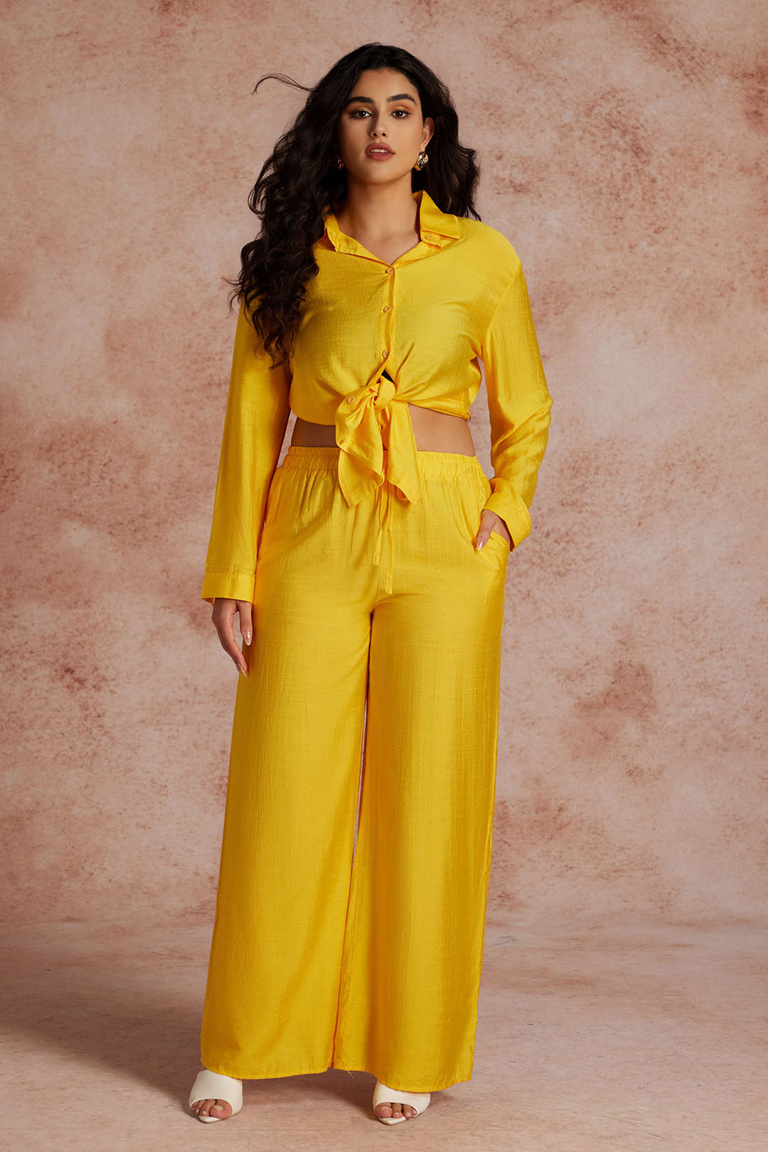 Plus Size Tie Front Shirt And Wide Leg Pants Set