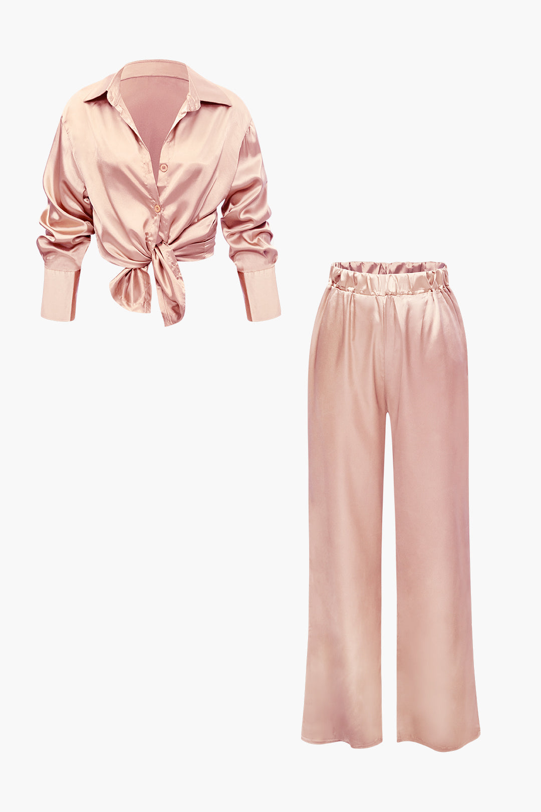 Satin Button Up Long Sleeve Shirt And Pants Set