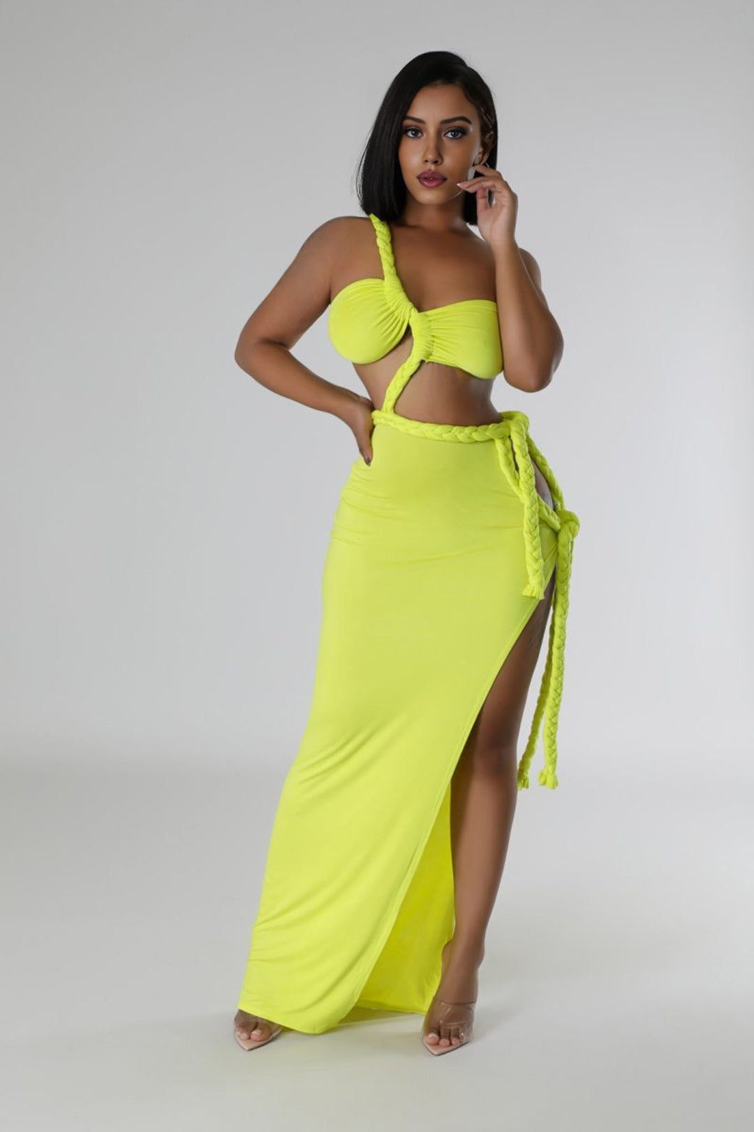 Ruched Cut Out Twist Tie Knot Slit Maxi Dress