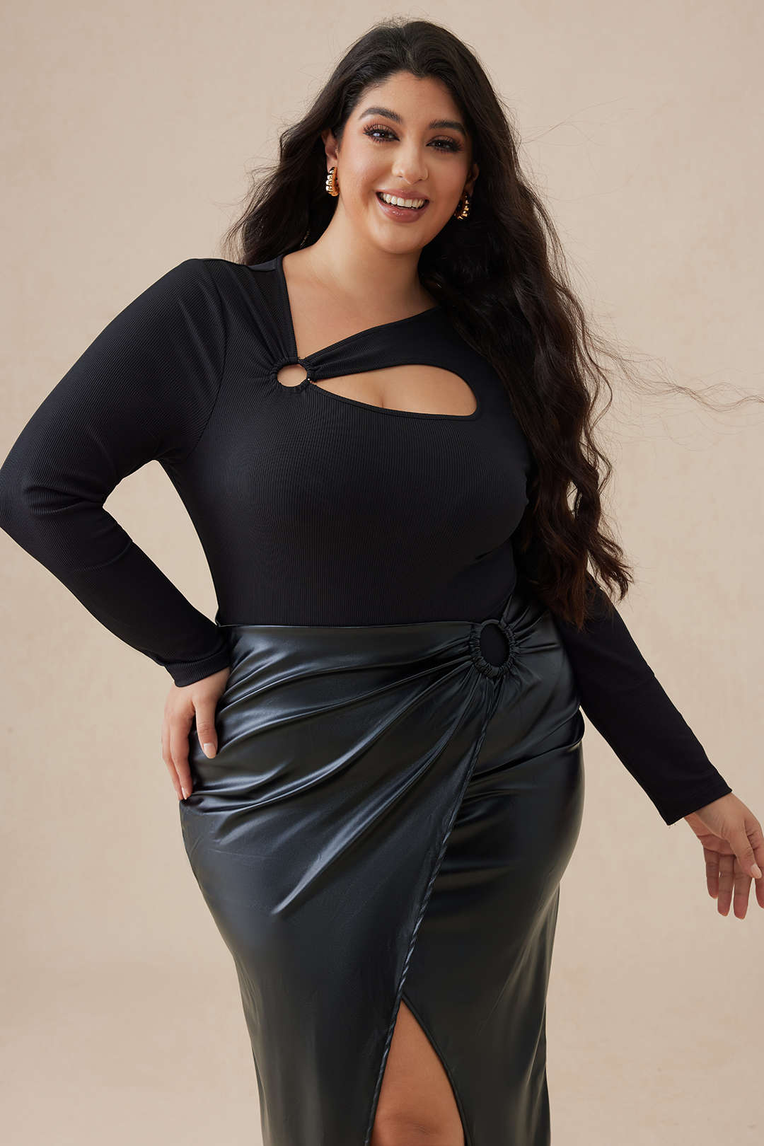 Plus Size Solid Ribbing Button Cut Out Twist Knot Bodysuit