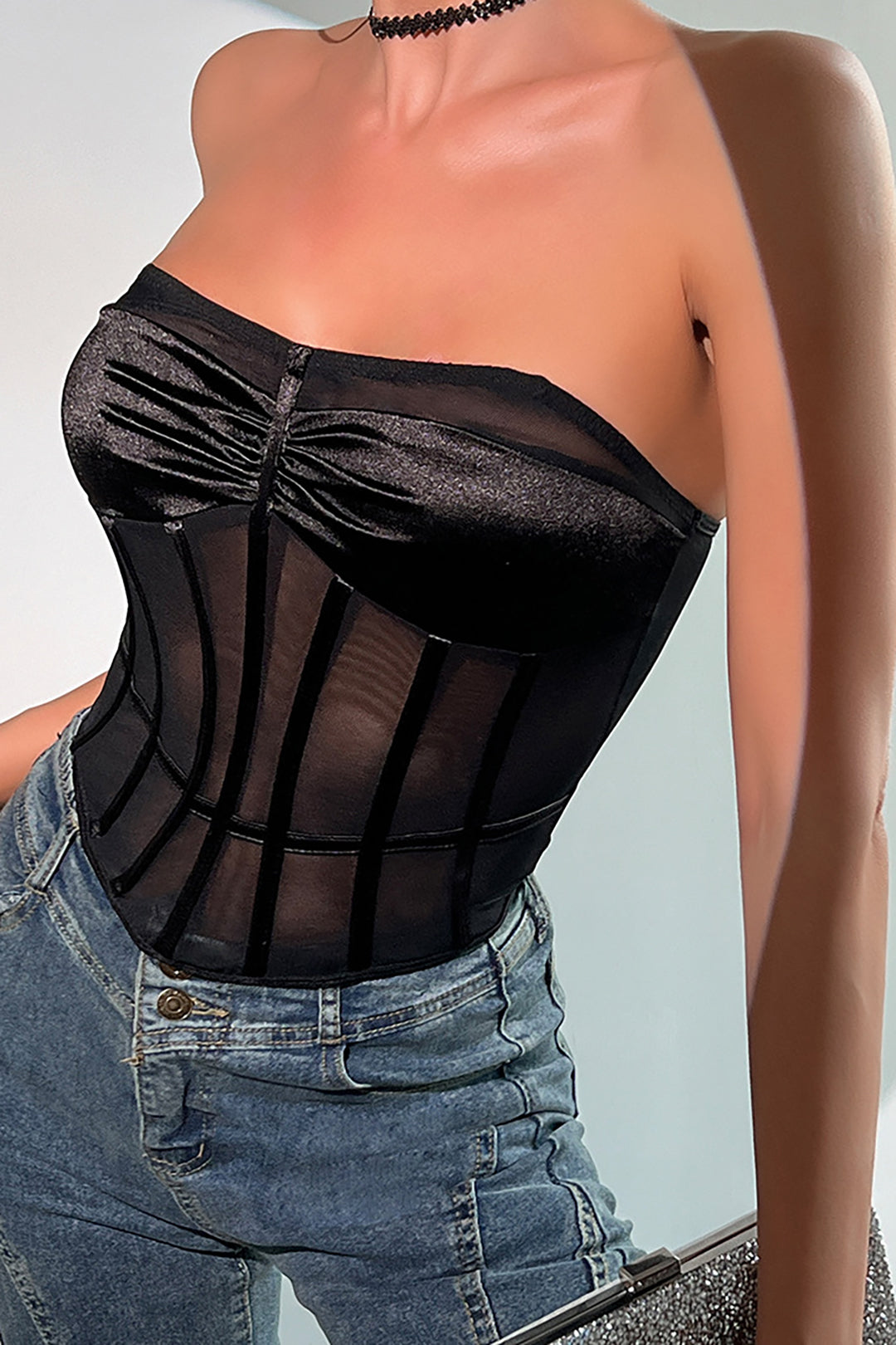 Mesh Satin Ruched Sheer Backless Bustier Corset Tube Top