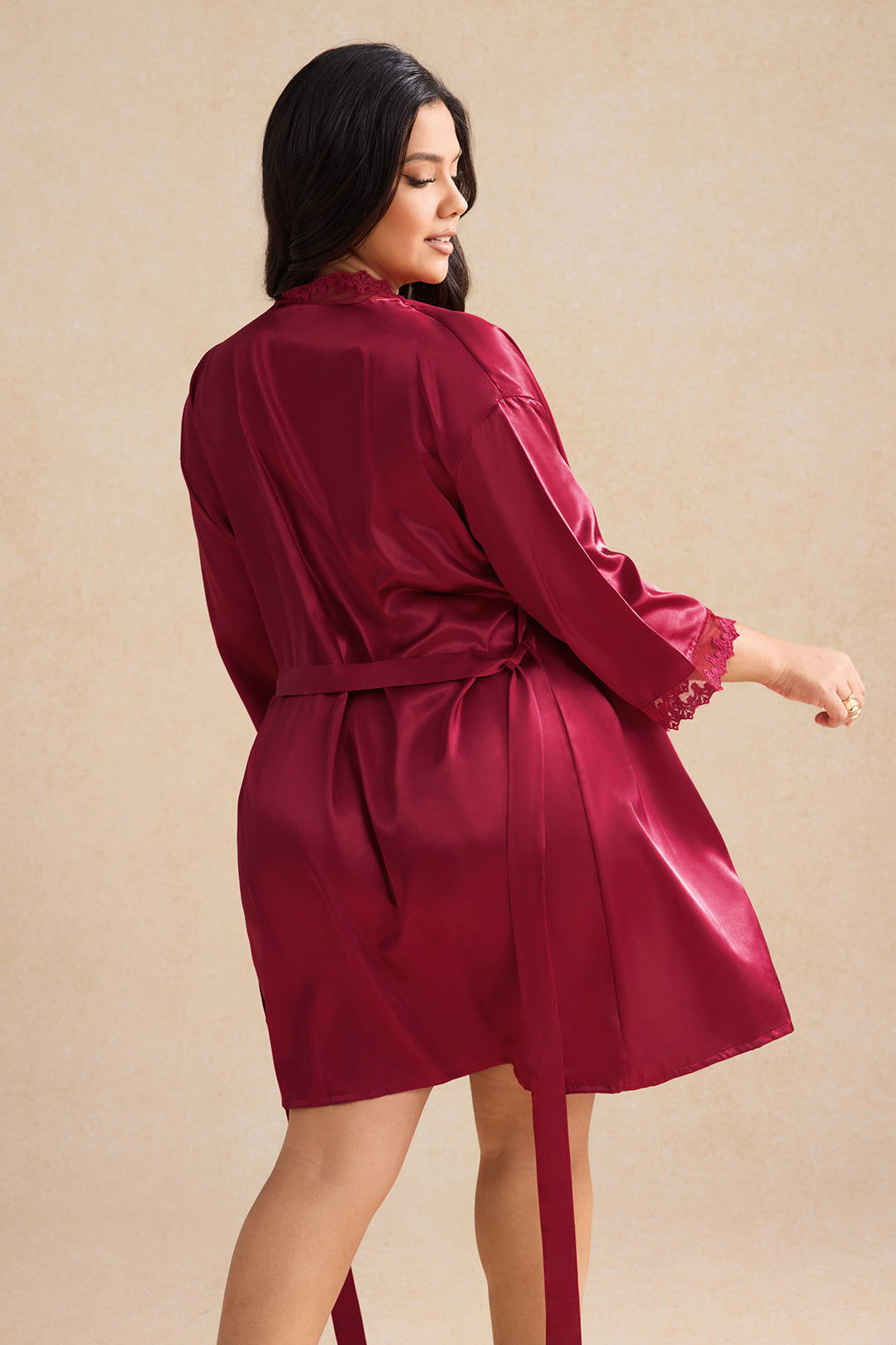 Plus Size Satin Lace Ruched Tie Front Long Sleeve Night Dress