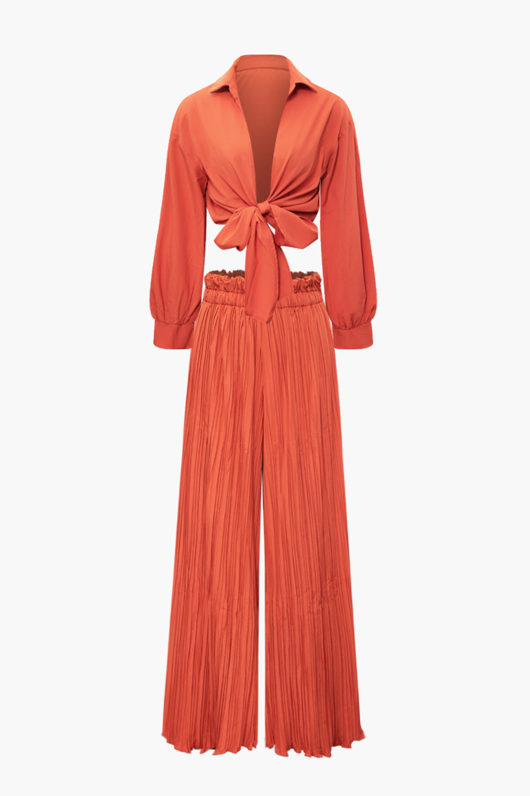 Ruched Tie Front Long Sleeve Top And Pleated Wide Leg Trousers Set