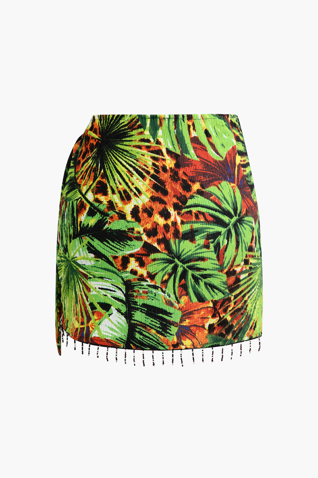 Palm Leaf Print Fringe Knot Mini Skirt