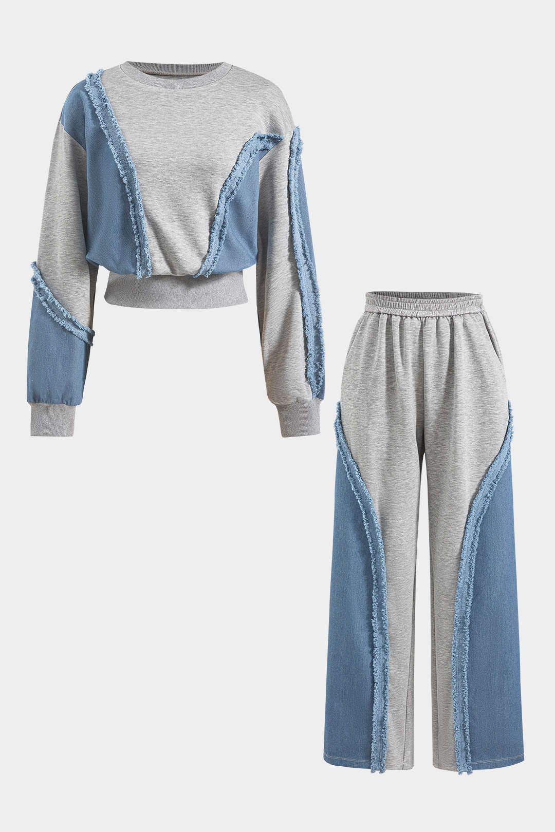 Denim Patchwork Long Sleeve Top And Wide Leg Trousers Set