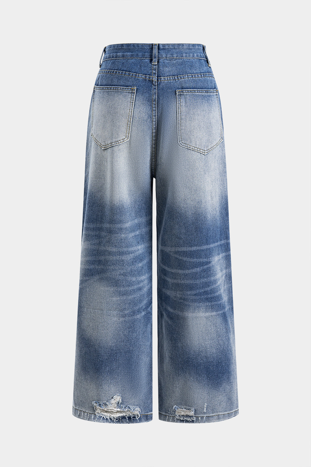 Denim Faded Distressed Button Pocket Wide Leg Jeans