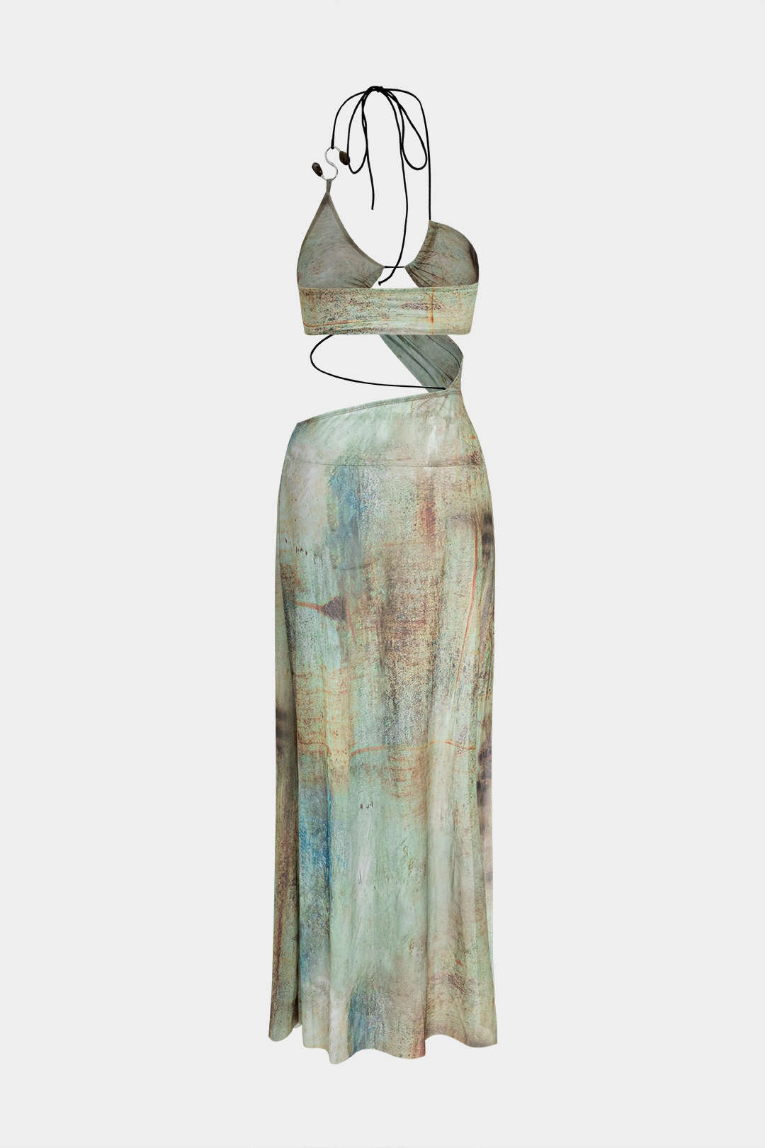 Watercolor Print Mesh Backless Tie-Up Slit Maxi Dress