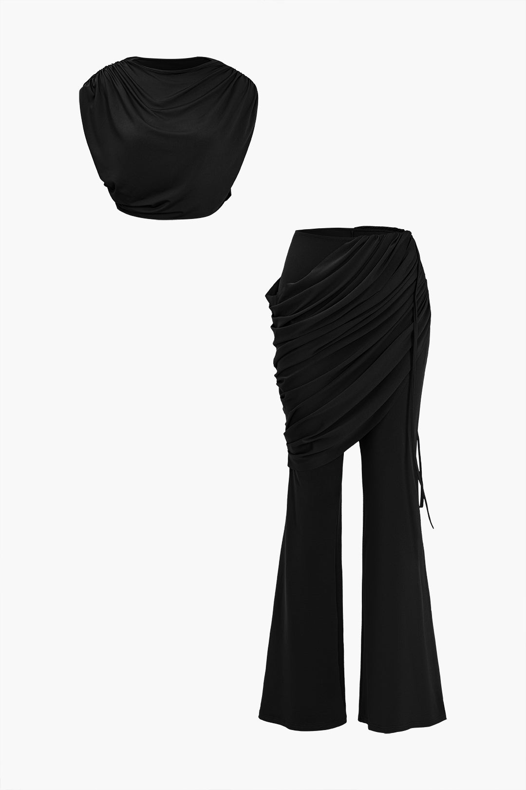 Solid Top And Asymmetrical Drawstring Flared Trouser Set