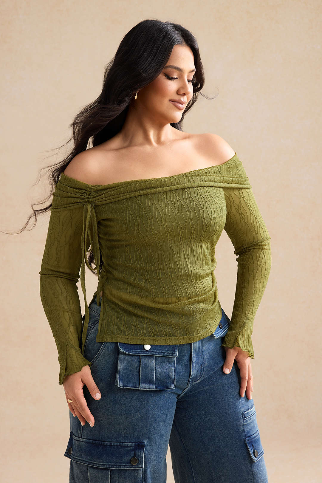 Plus Size Off Shoulder Drawstrings Long-Sleeve Top