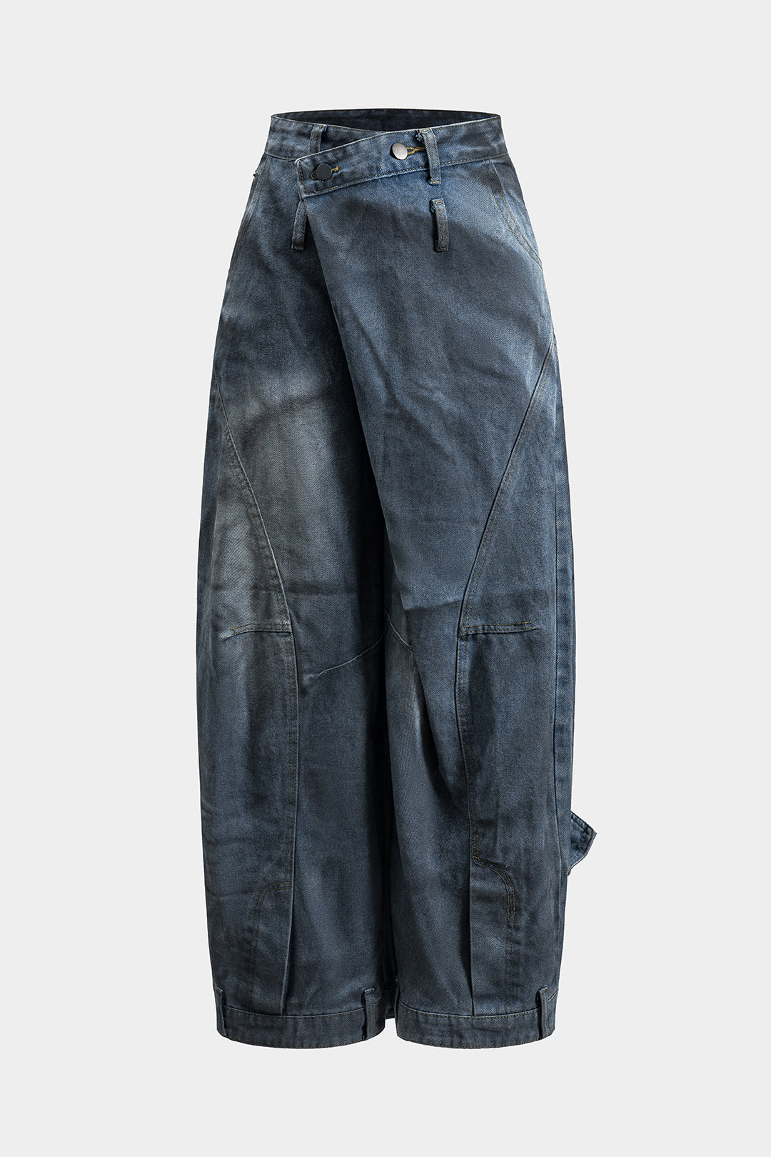 Denim Ruched Button Pocket Wide Leg Jeans