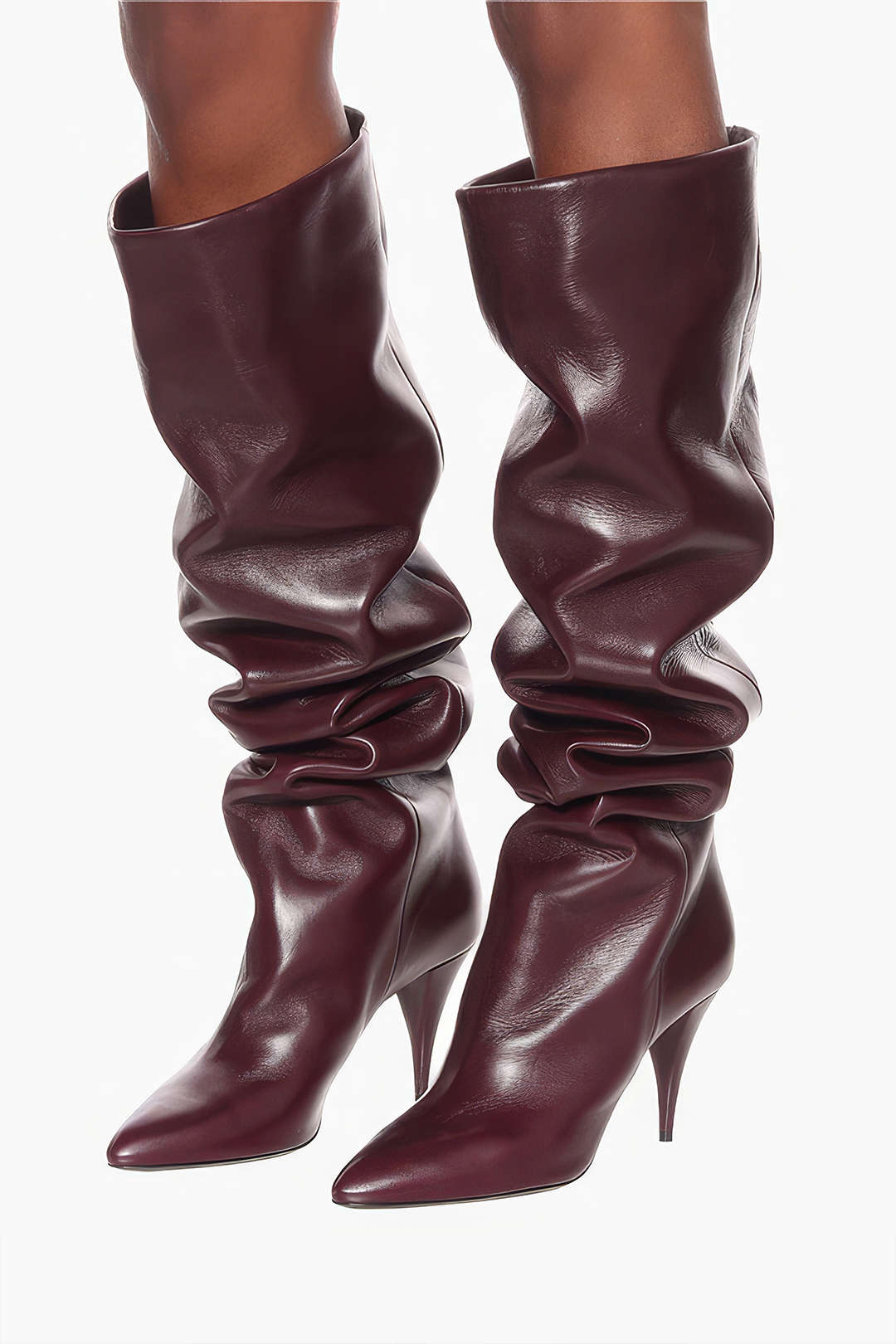 Ruched Faux Leather Pointed Toe Knee High Boots