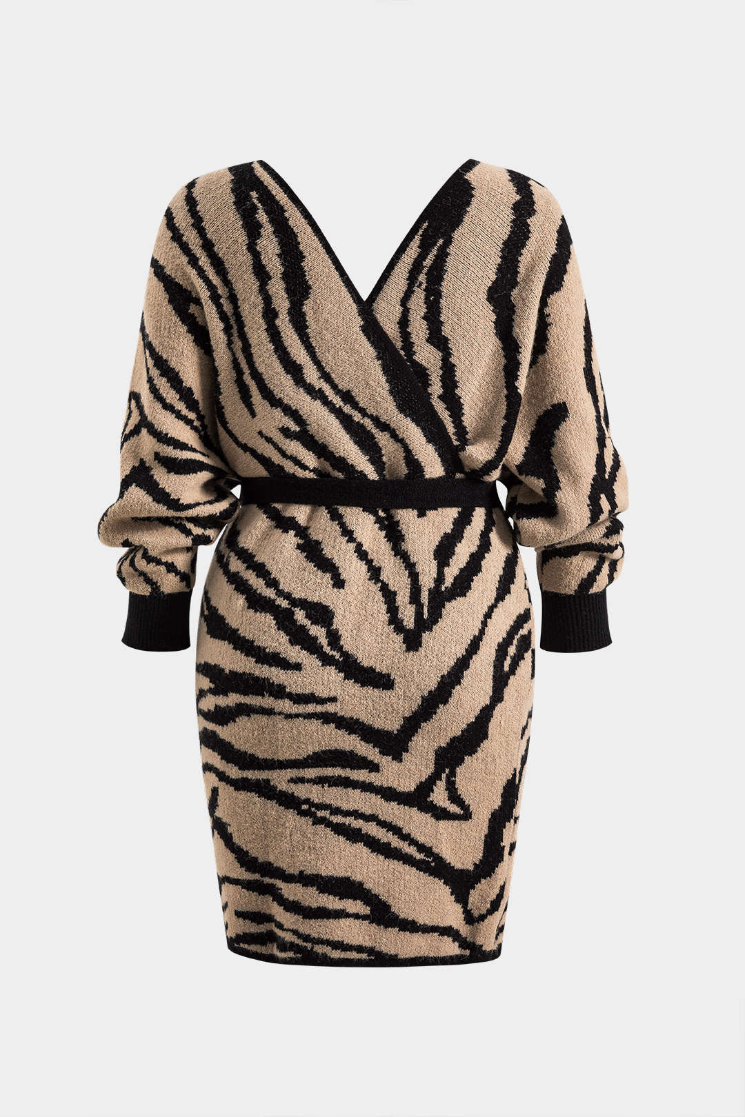 Plus Size Zebra Stripe Print Knit Tie-Up Crossed Long Sleeve Dress