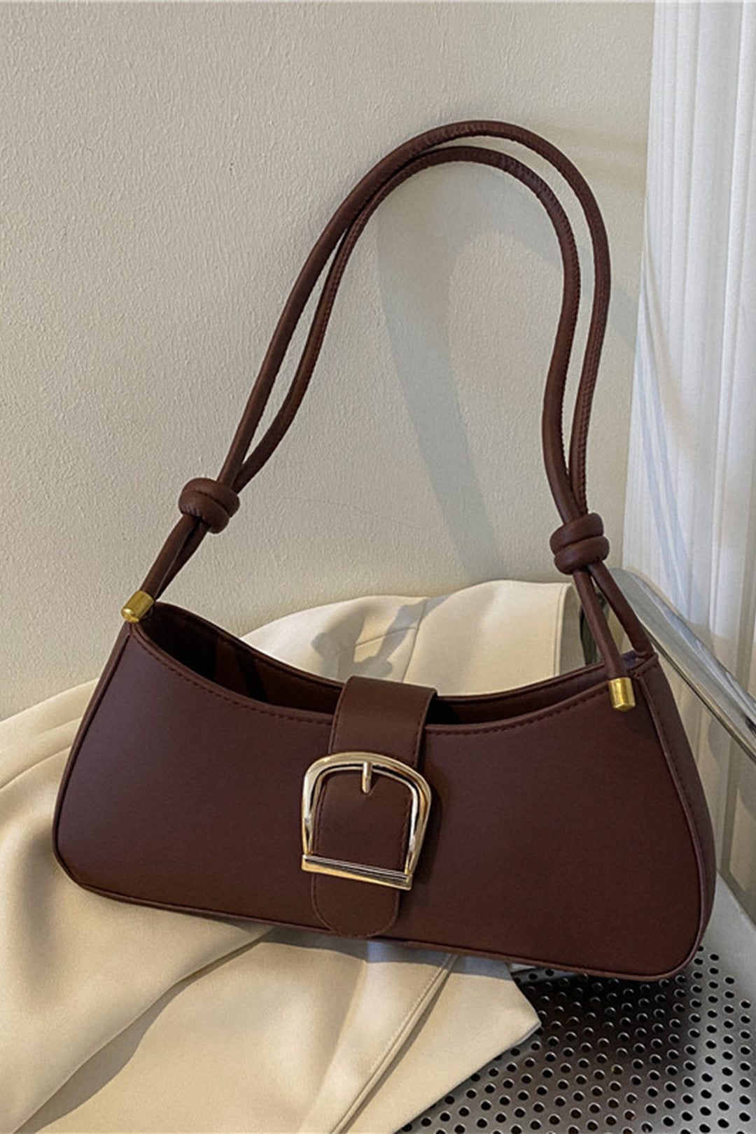 Faux Leather Belted Shoulder Bag